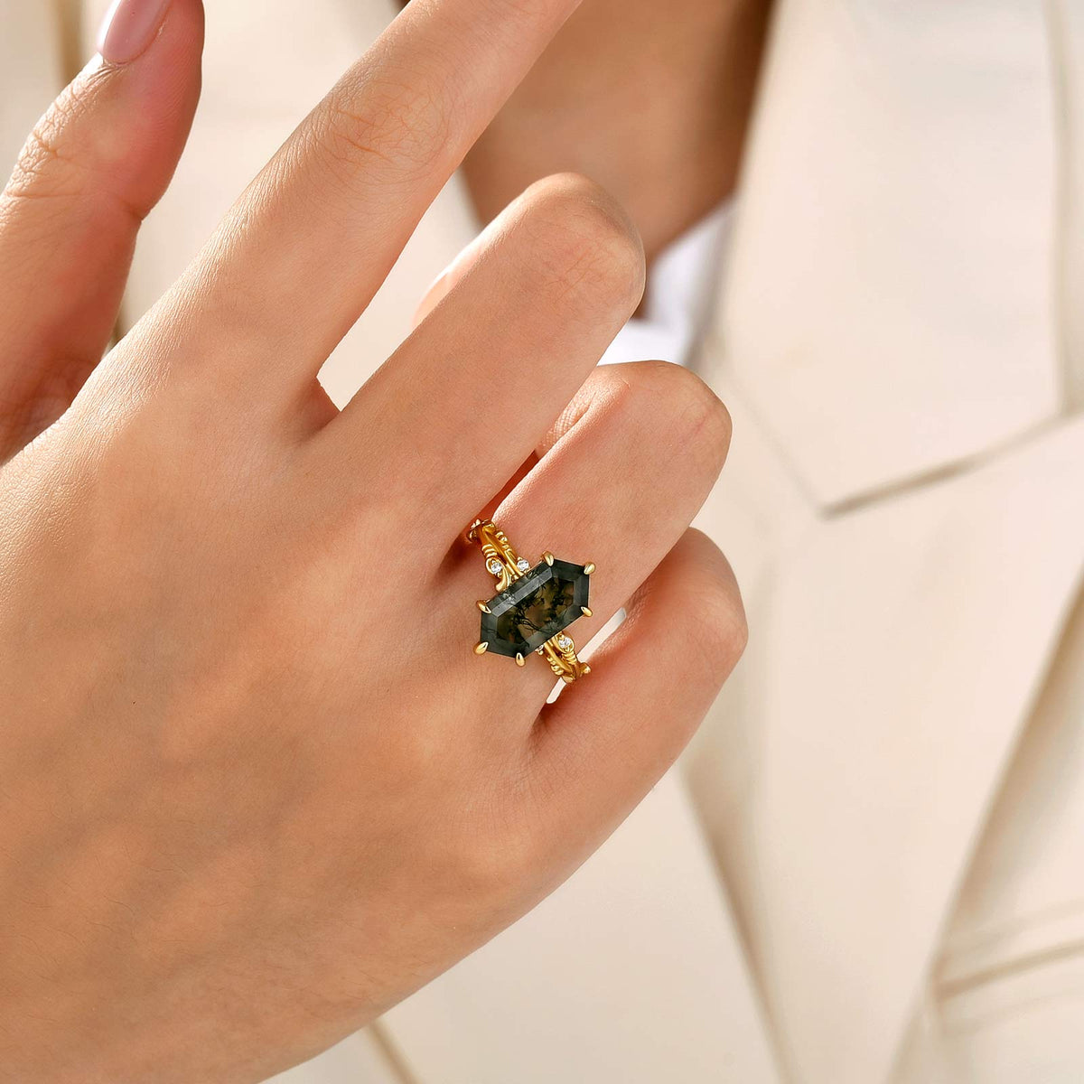 Moss Agate 2.0Ct Elongated Hexagon Cut Nature-Inspired Engagement Ring