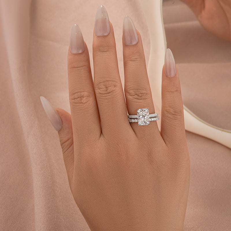 Louily Moissanite 3.5Ct Radiant Cut White Gold Wedding Ring Set Engagement Ring with Pavé Eternity Ring