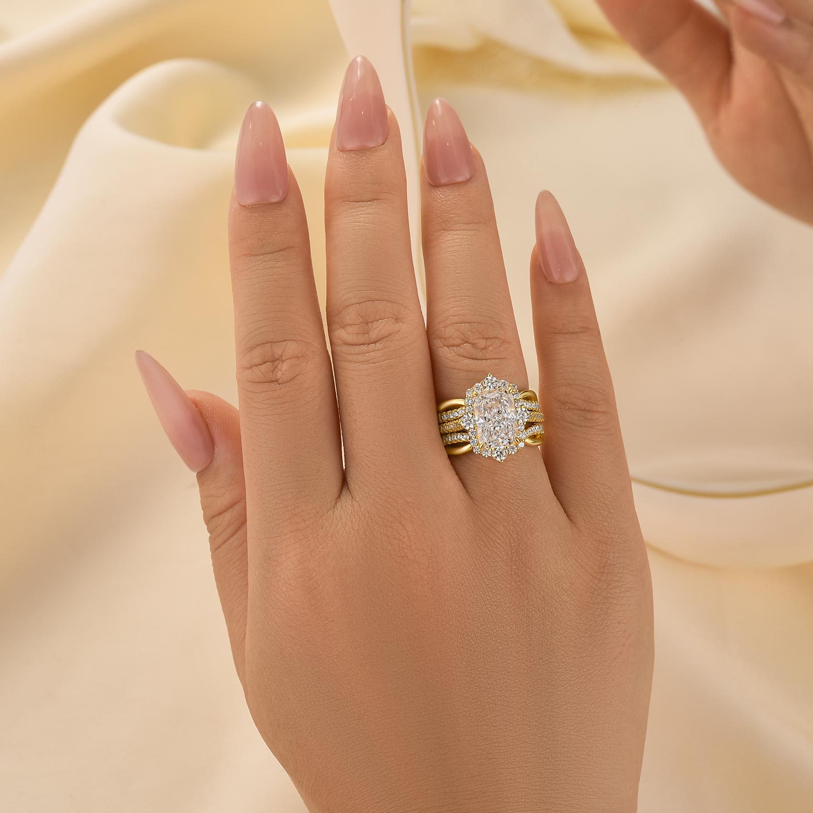 2PC 3.5 Carat Radiant Cut Halo Engagement Ring with Jacket Wedding Band Wedding Ring Set