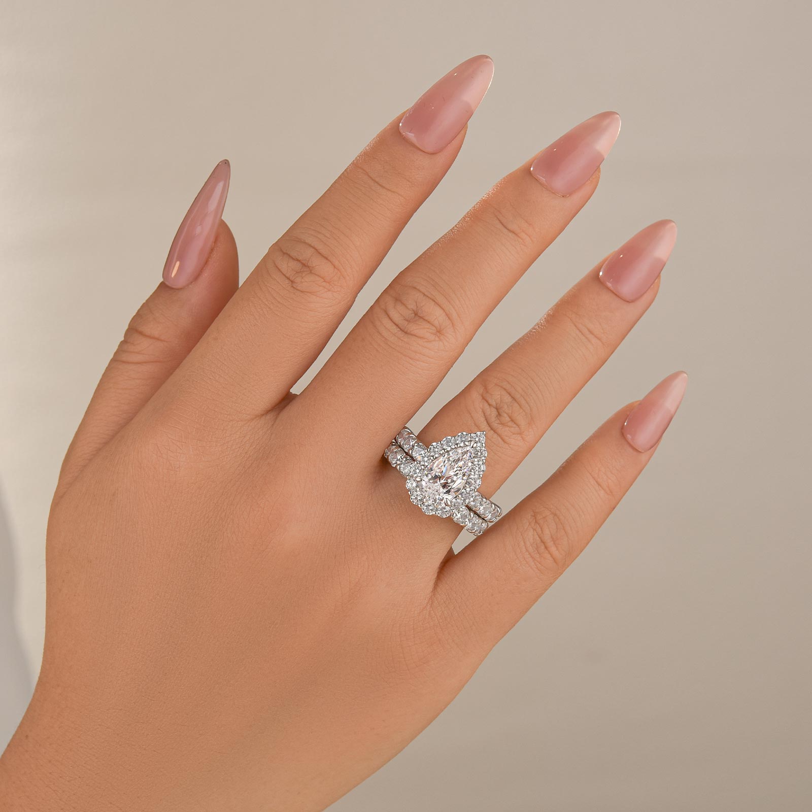 2PC 2.5Ct Halo Pear Cut Wedding Ring Set  Engagement Ring With Classic Round Cut Wedding Band