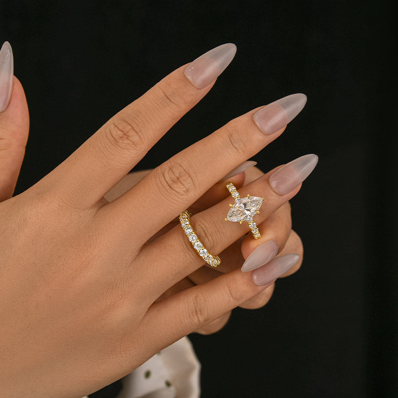 Moissanite 3.0 Ct Marquise Cut Side Stone Yellow Gold Engagement Ring/Wedding Set In Sterling Silver