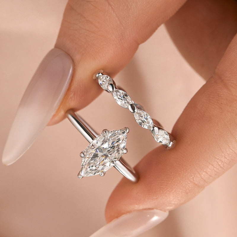 Moissanite 2.0Ct Solitaire Marquise Cut Engagement Ring with Wedding Band