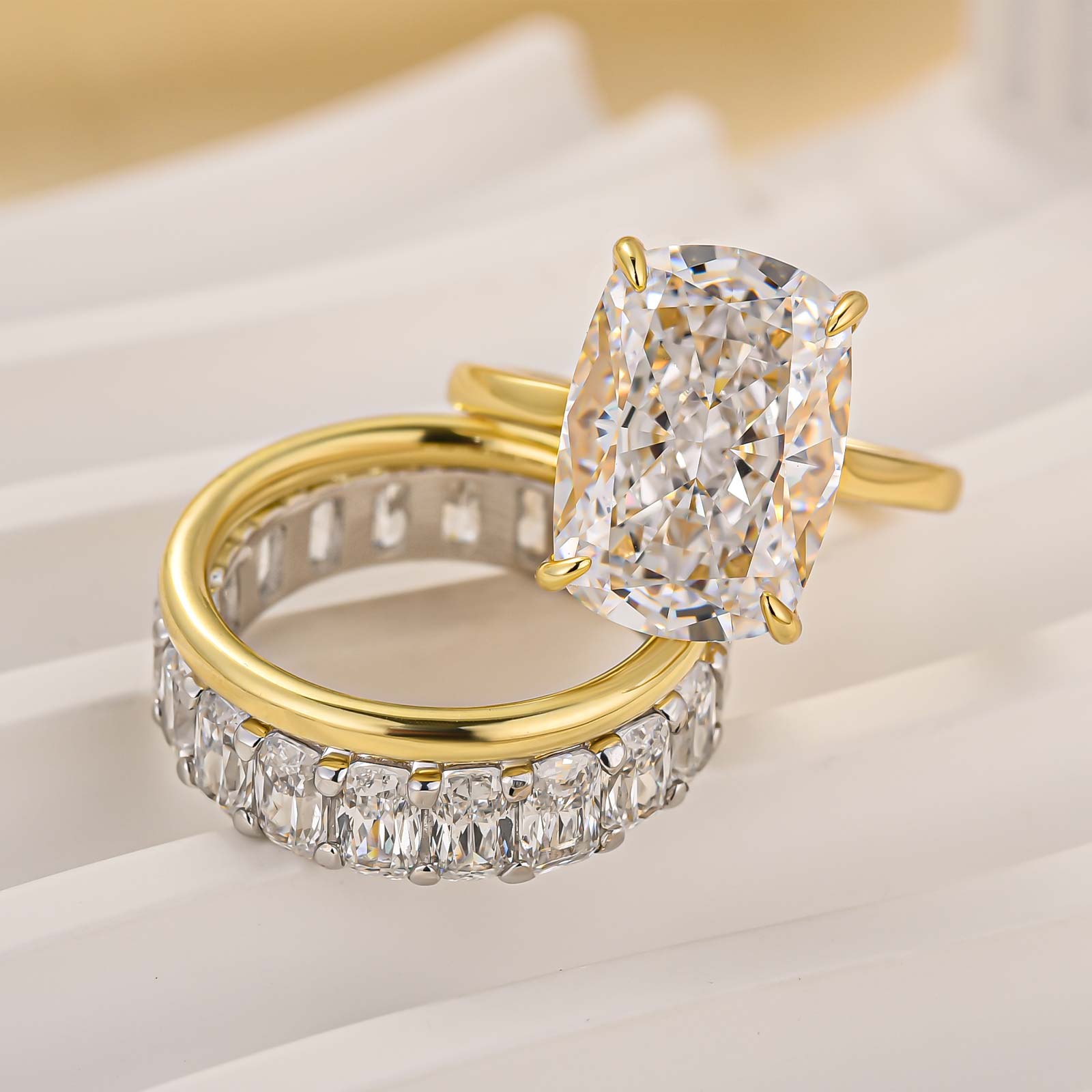 3PC Wedding Sets Cushion Cut 9.0Ct Hidden Halo Yellow Gold Solitaire Engagement Ring with White Gold Cushion Cut Full Eternity Wedding Bands