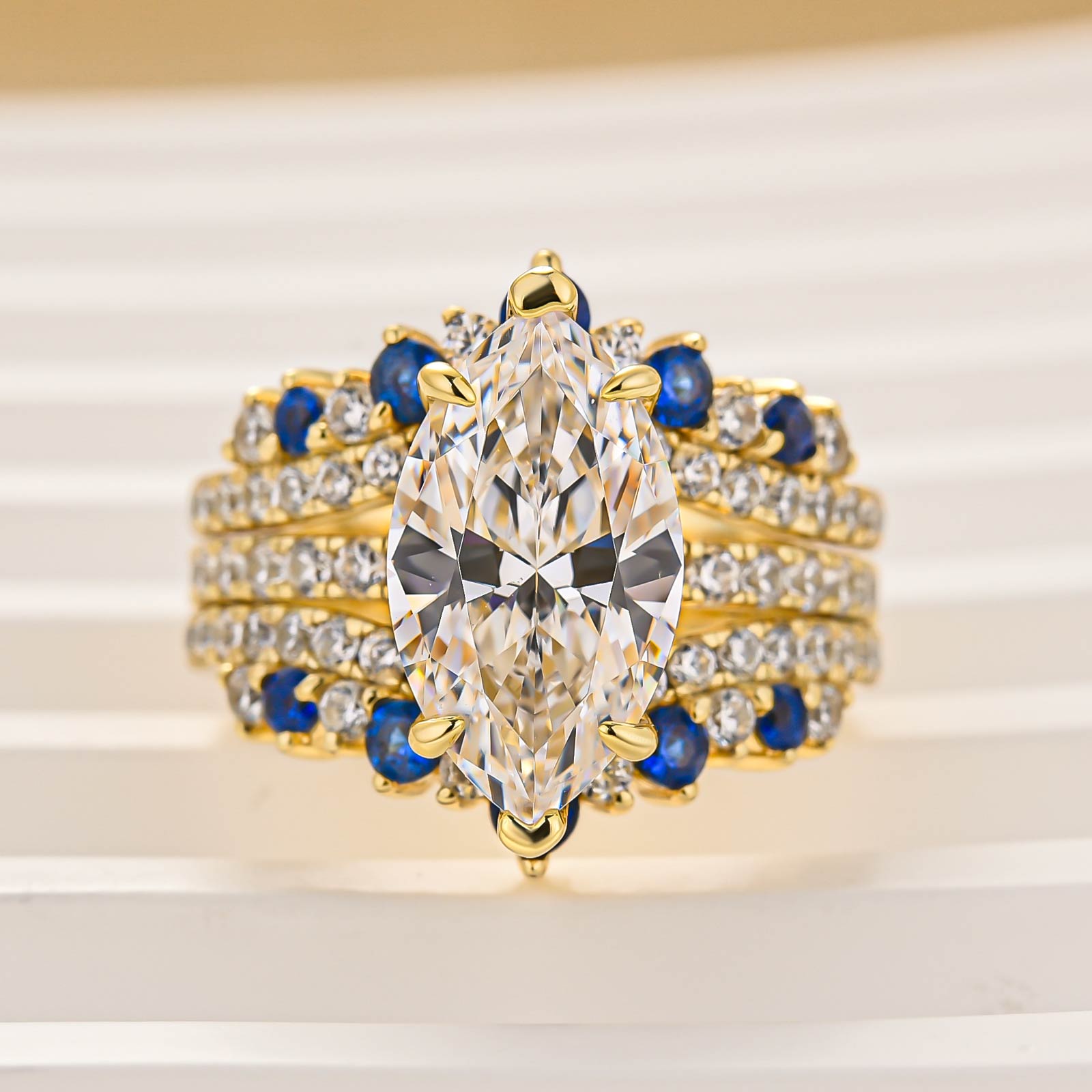 2PC Enhancer Wedding Sets 3.5Ct Marquise Cut Half Enternity Yellow Gold Engagement Ring with Blue & White Stone Enhancer Wedding Band