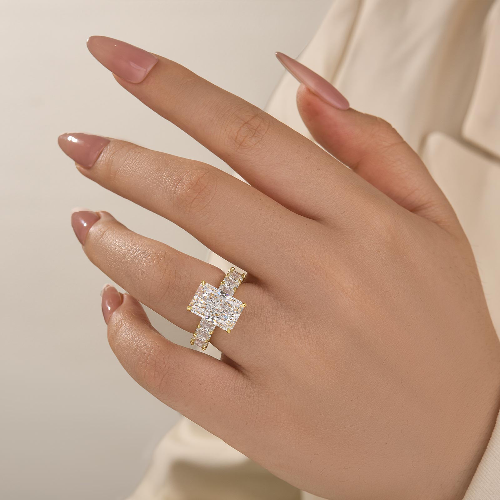 5.0Ct Radiant Cut Hidden Halo Half Engagement Ring In Sterling Silver - louilyjewelry