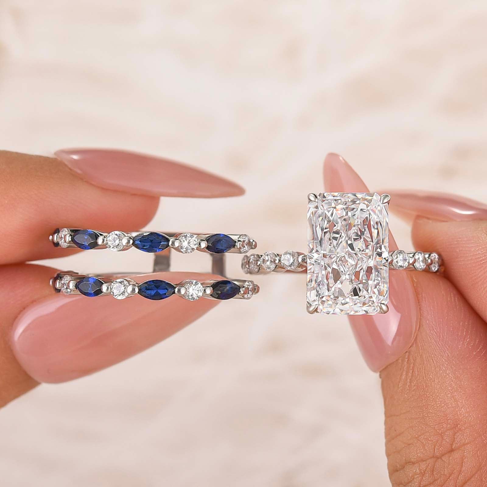 S925 Elegant 5.0Ct Radiant Cut Hidden Halo Stckable Enhancer Ring Sets in Sterling Silver