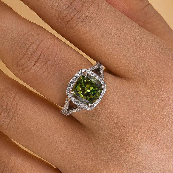 Louily Vintage Green Stone Split Shank Cushion Cut Engagement Ring