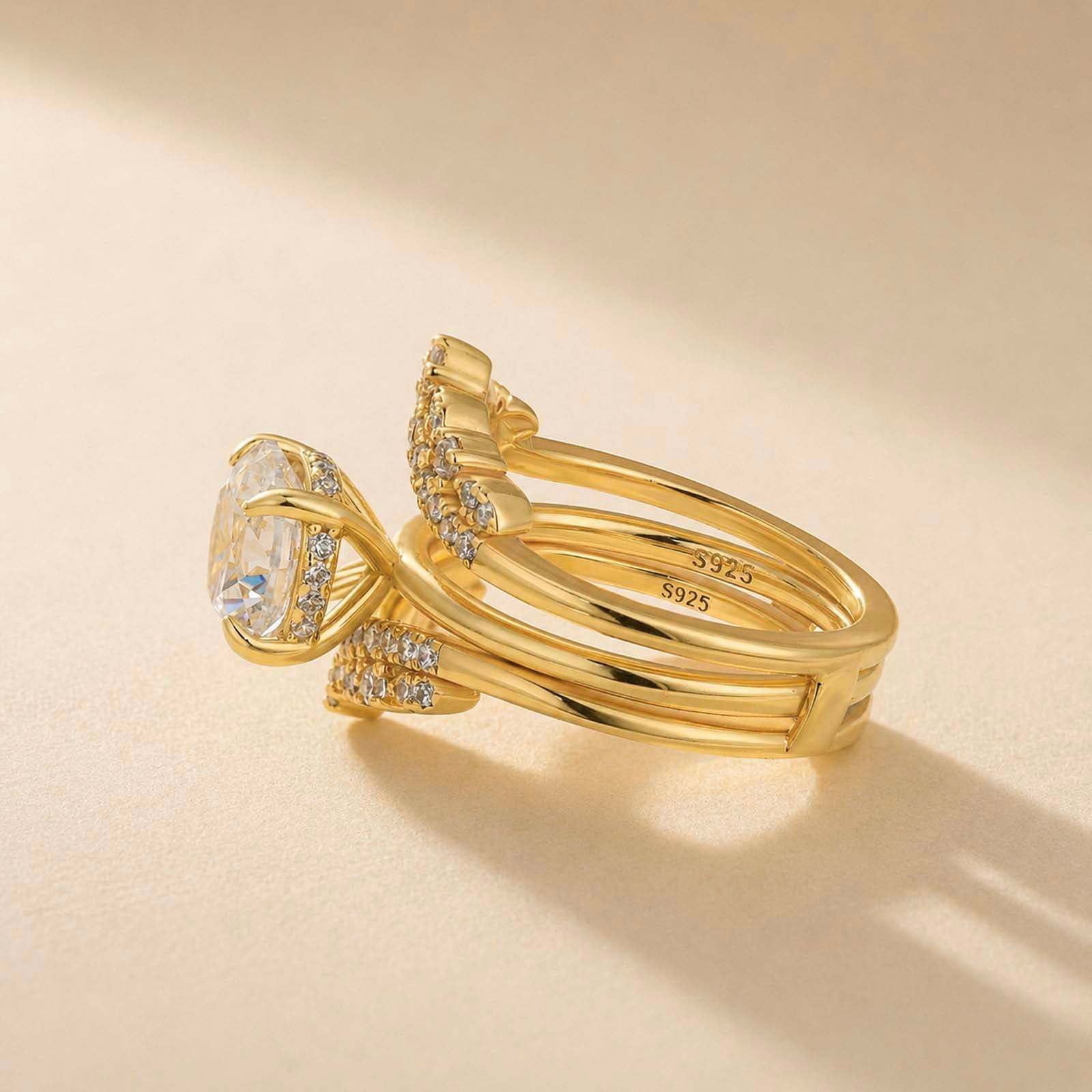 S925 Luxurious 2.0Ct Round Cut Solitaire Engagement Ring In Sterling Silver With Crown-Shaped Enhancer Wedding Band