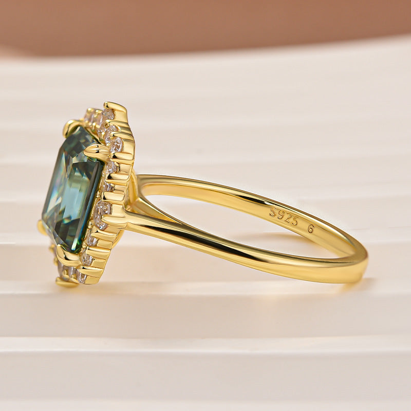 Moissanite 3.0Ct Yellow Gold Halo Emerald Stone Emerald Cut Engagement Ring