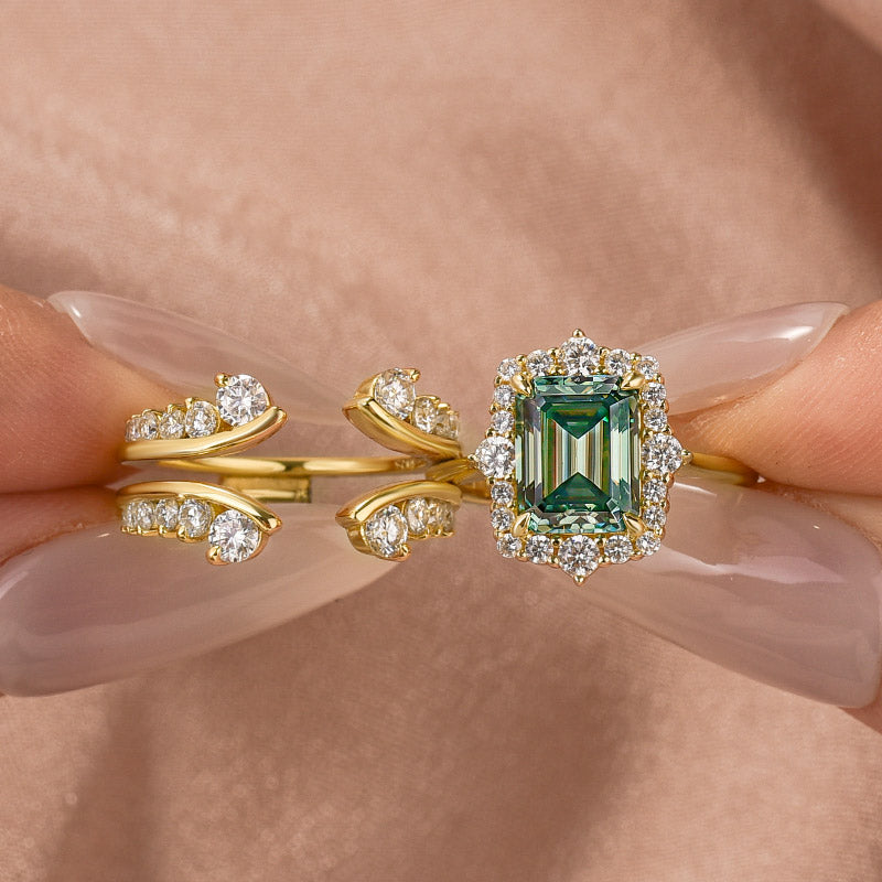 3.0Ct Halo Emerald Cut Insert Wedding Ring Set With Vintage Jacket Wedding Band