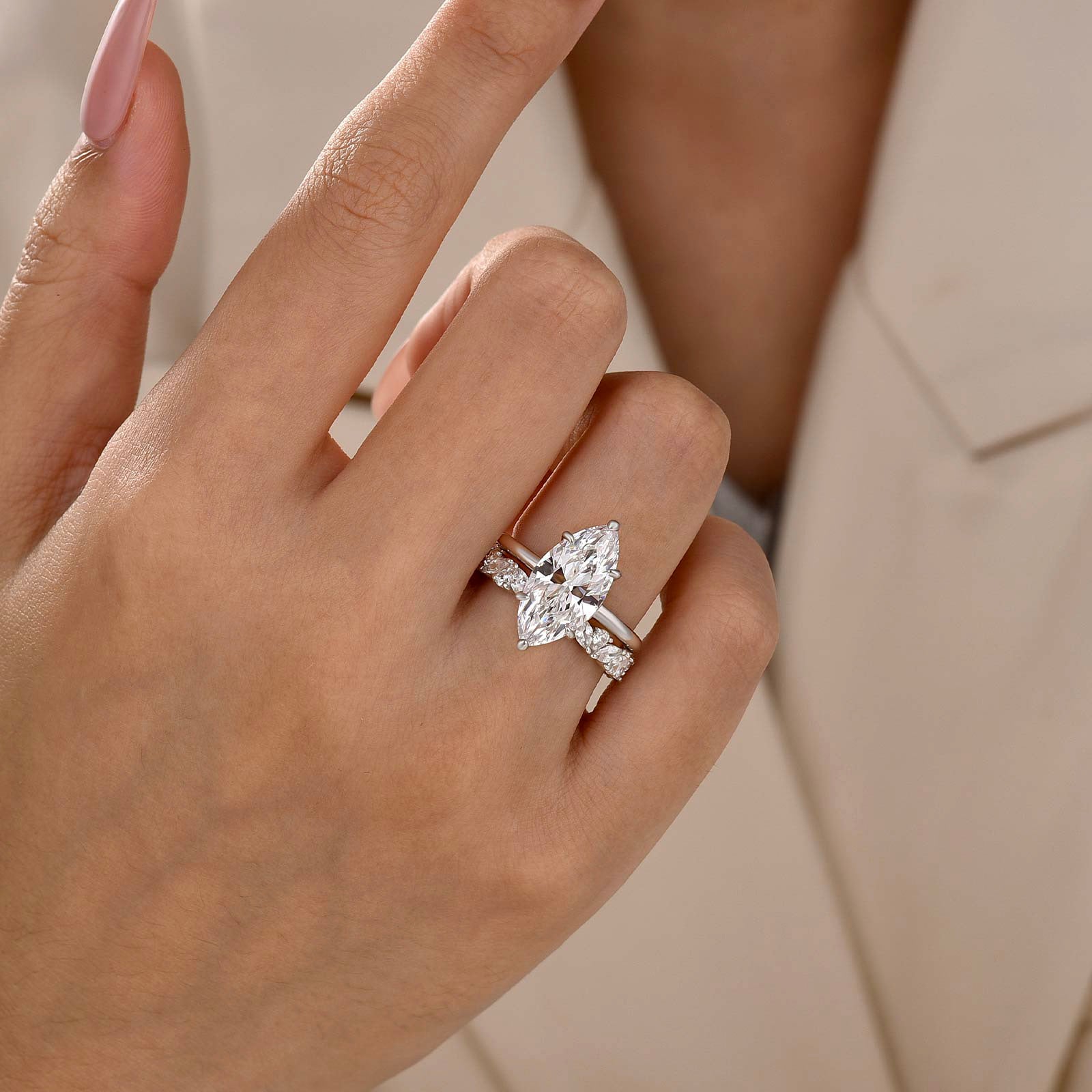 4.0Ct Marquise Cut Hidden Halo Engagement Ring & 2.0Ct Marquise Leaf & Round Cut Wedding Band