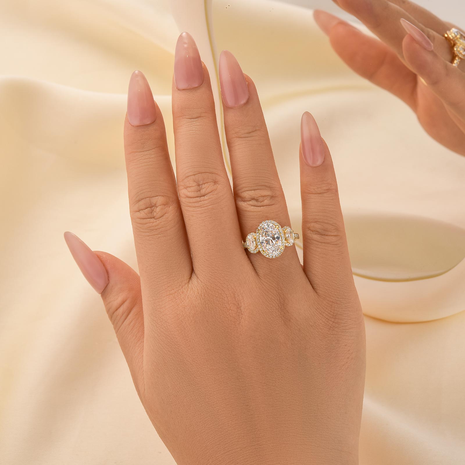 2.5Ct Halo Oval Cut Three Stone Engagement Ring Travel Ring In Sterling Silver