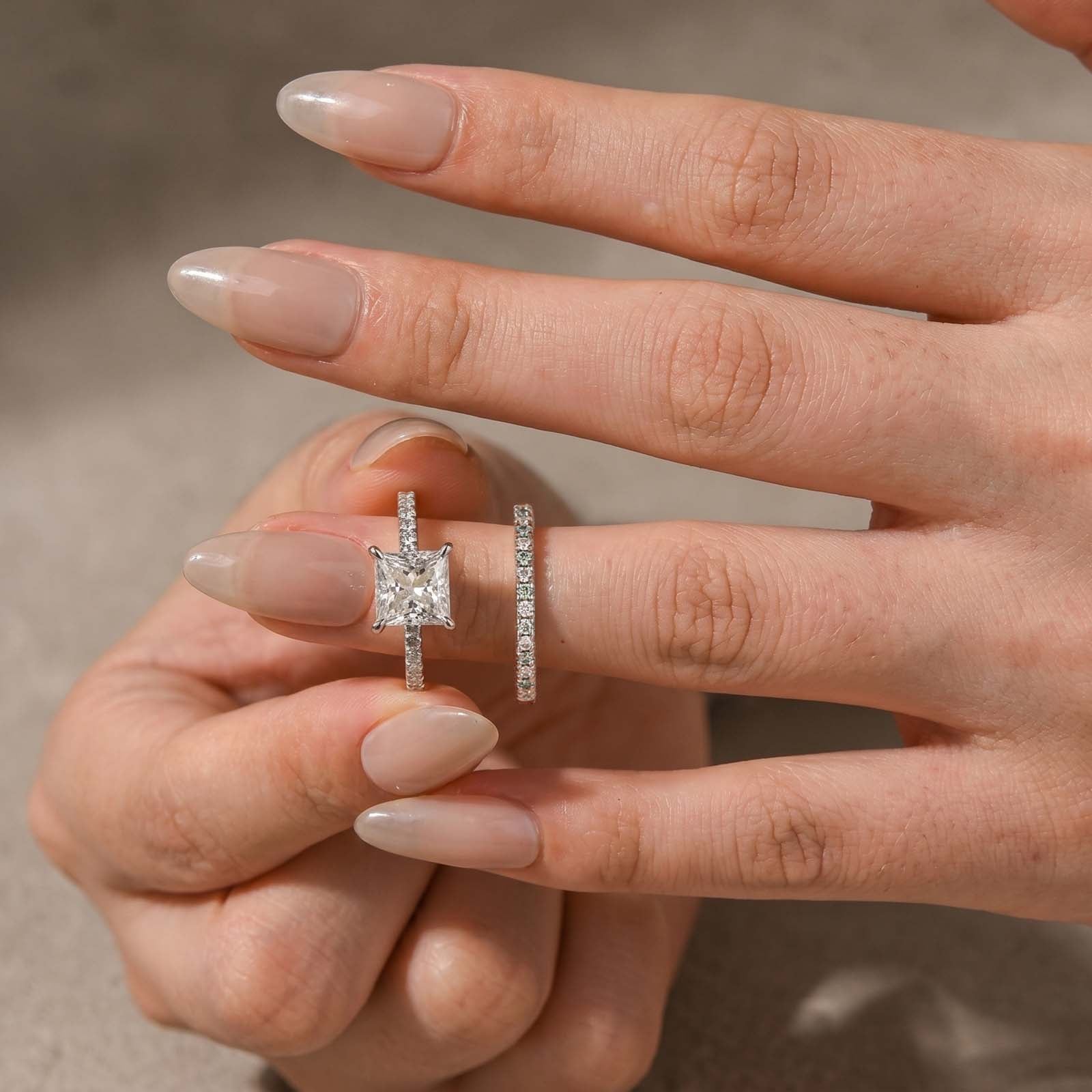 S925 Moissanite 2CT Princess Cut Engagement Ring Set 2PC Hidden Halo Solitaire Ring With Wedding Band
