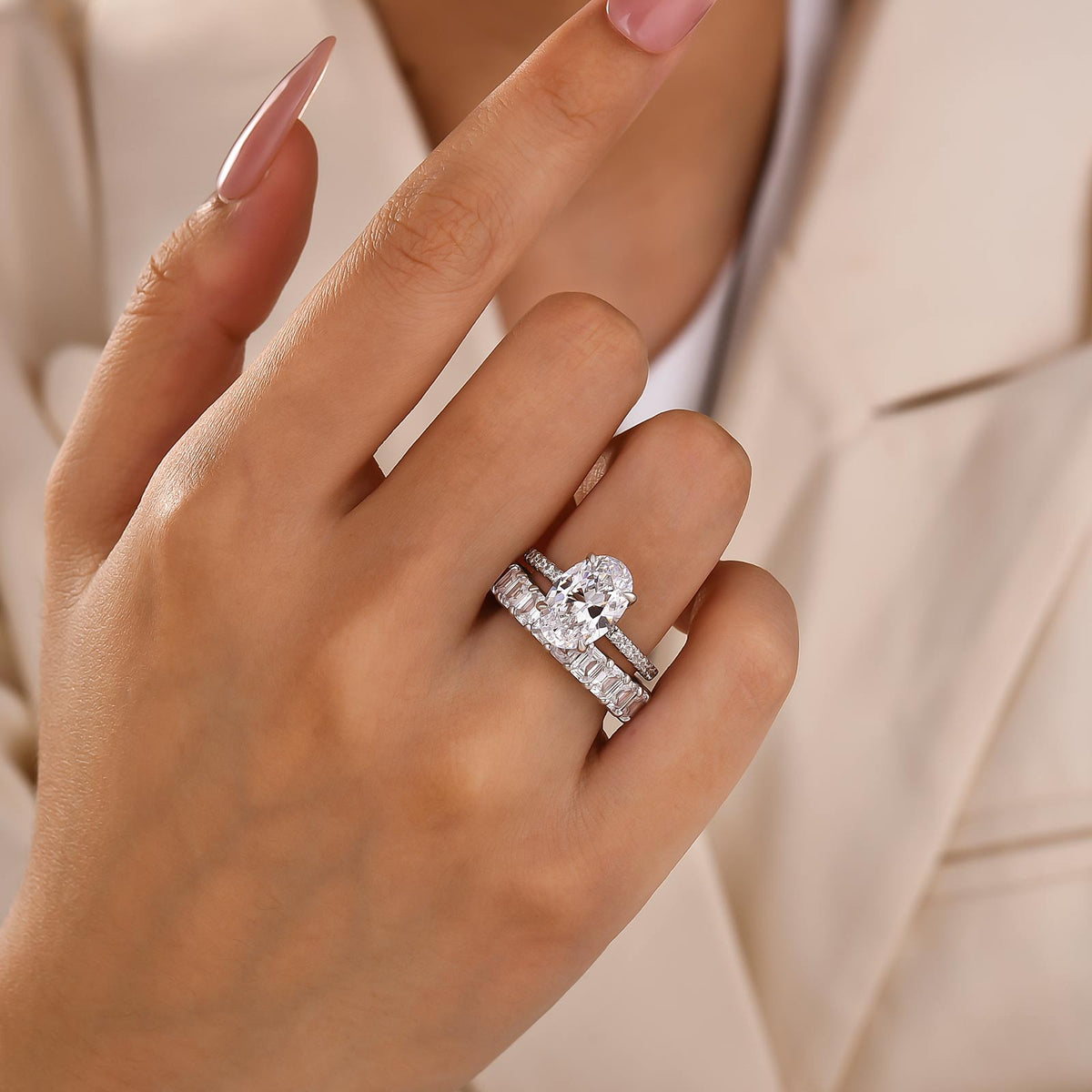 S925 2PC Hidden Halo 4.0Ct Oval Cut Ring & 3.5Ct Emerald Cut Band Stackable Statement Ring Sets