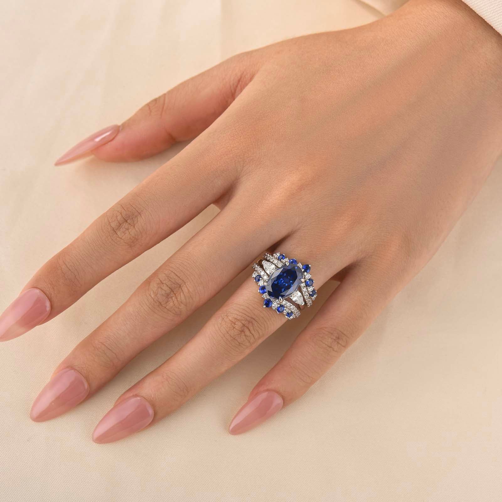 S925 4.0Ct Oval Cut Vintage Three Stone Blue & White Stone Engagement Ring & Pavé Full Eternity Band Enhancer Bridal Sets