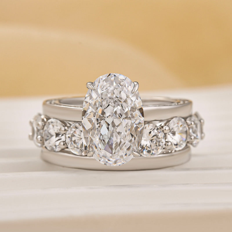 3PC Wedding Ring Set 4.0Ct Solitaire Oval Cut Engagement Ring With Plain Wedding Band