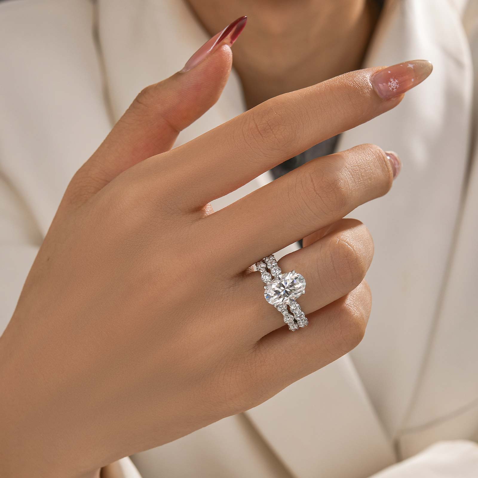 Moissanite 2PC 4.0Ct Oval Cut Engagement Ring With Round Cut Wedding Band Wedding Ring Set