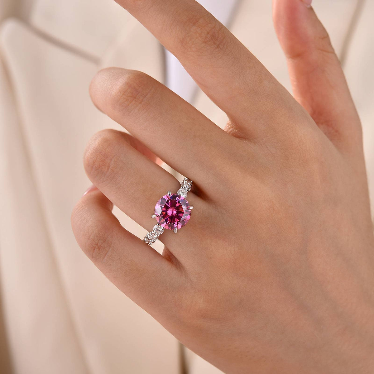 Moissanite 2.0Ct-4.0Ct Hidden Halo Pink Round Cut Side Stone Engagement Ring