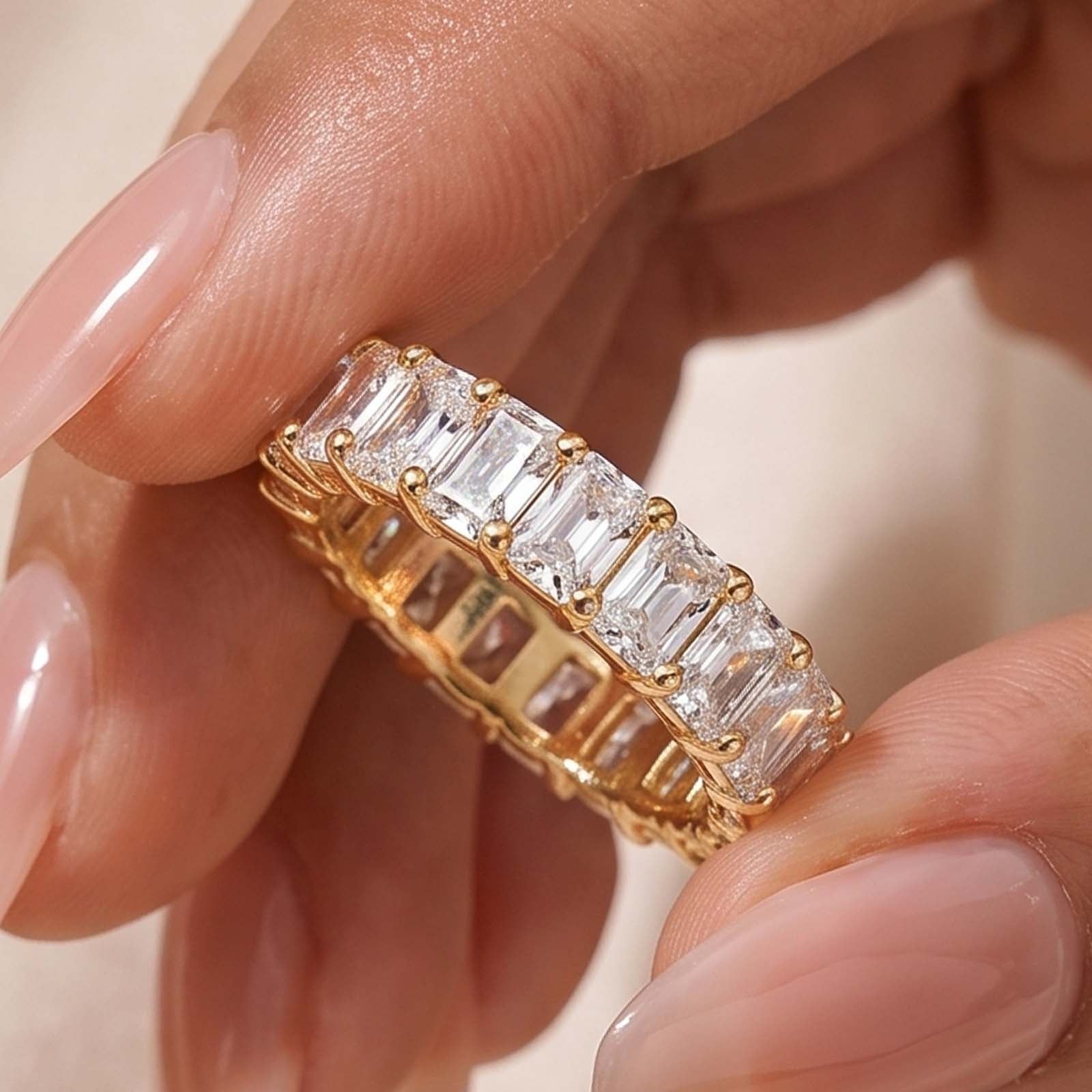 S925 Moissanite 3.5Ct Radiant Cut Full Channel Eternity Yellow Gold Wedding Band Stackable Bridal Ring