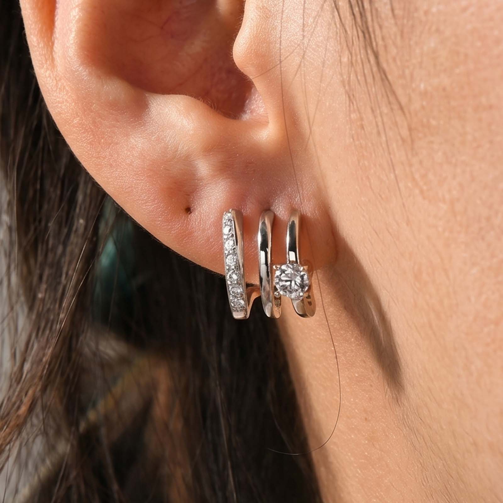 S925 Moissanite 0.1Ct*2PC Round Cut Triple-Band Hoop Earrings Minimalist Everyday Wearable Earrings