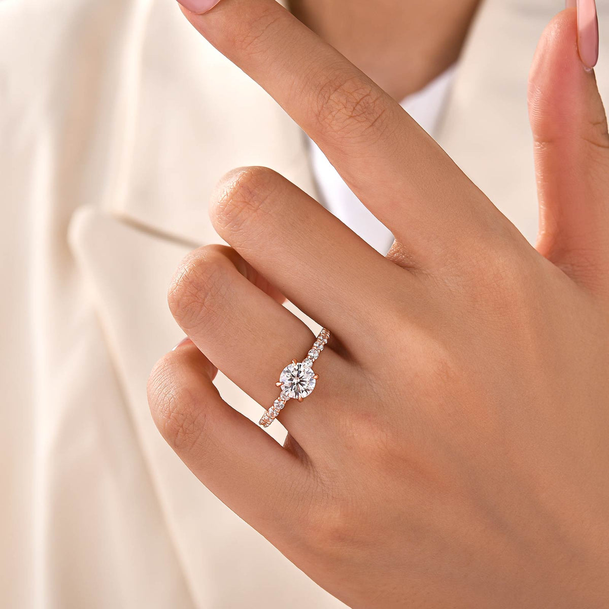 Moissanite 1.0Ct Round Cut Hidden Halo Stackable Side Stone Ring For Everyday Wear