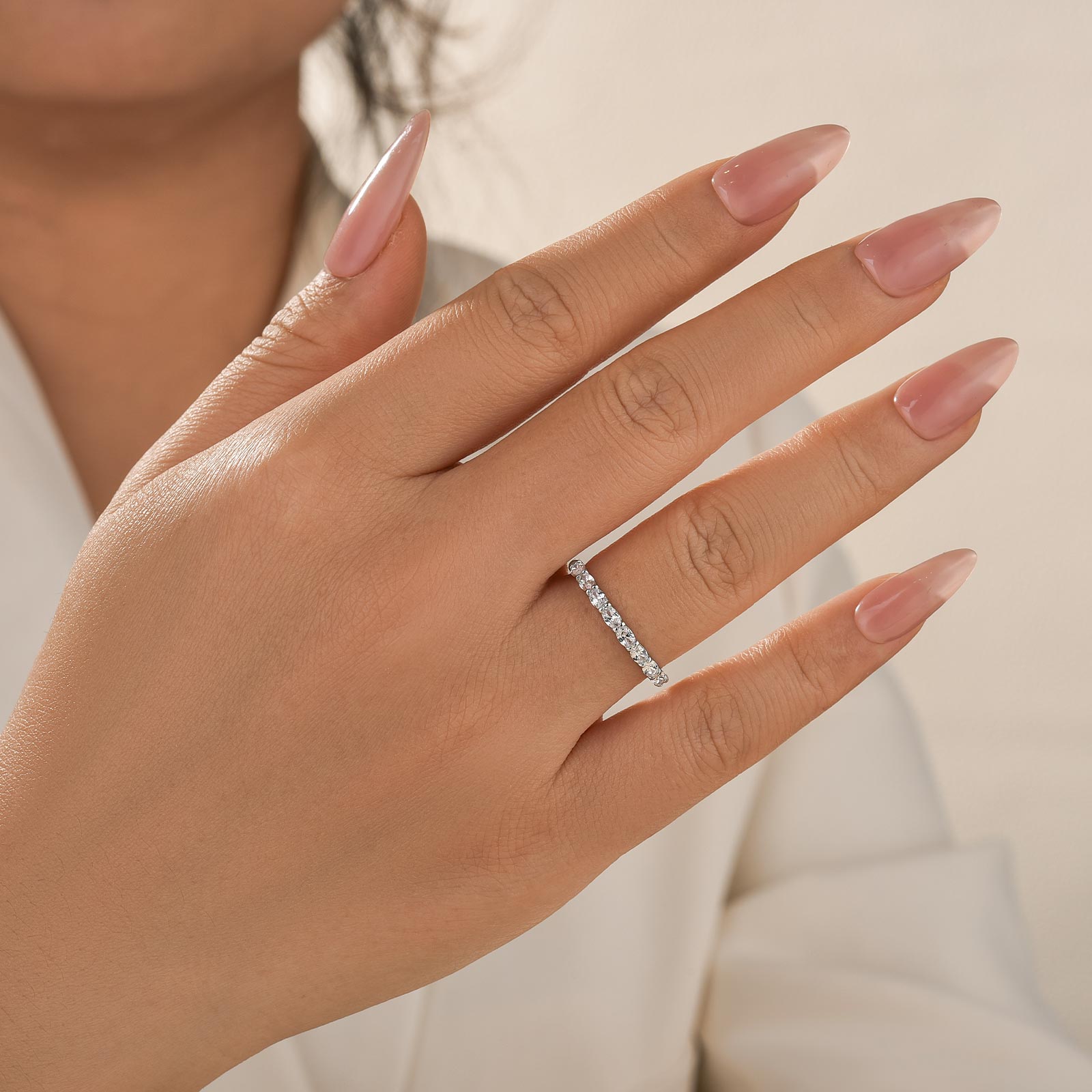 Louily Classic Half Eternity Oval Cut White Gold Wedding Band In Sterling Silver - louilyjewelry