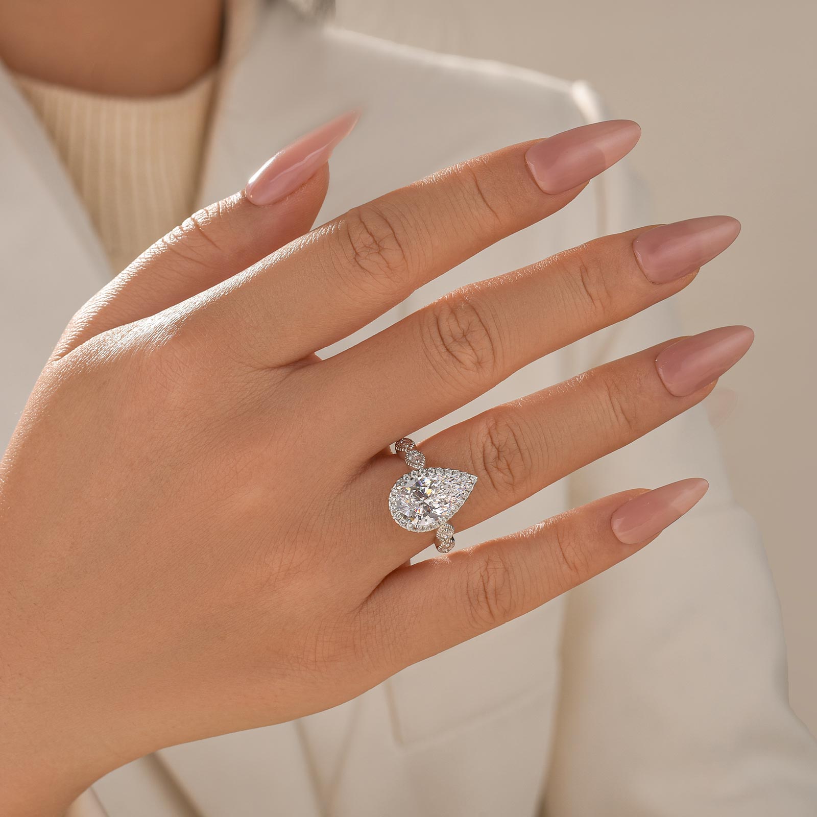 Louily Classic 4.0Ct Pear Cut Halo Design Engagement Ring In Sterling Silver