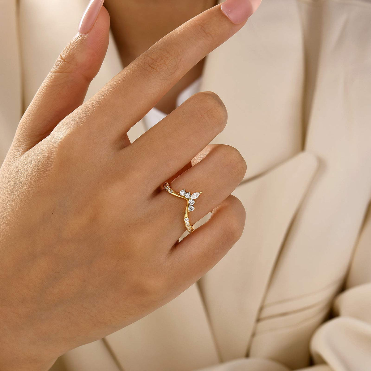 Vintage Marquise Cut V-Shaped Stackable Wedding Band