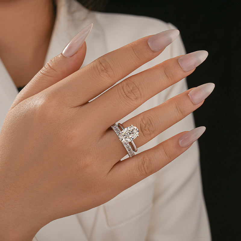 Louily Moissanite 4.0Ct Oval Cut White Gold Wedding Ring with Emerald Cut Wedding Ring
