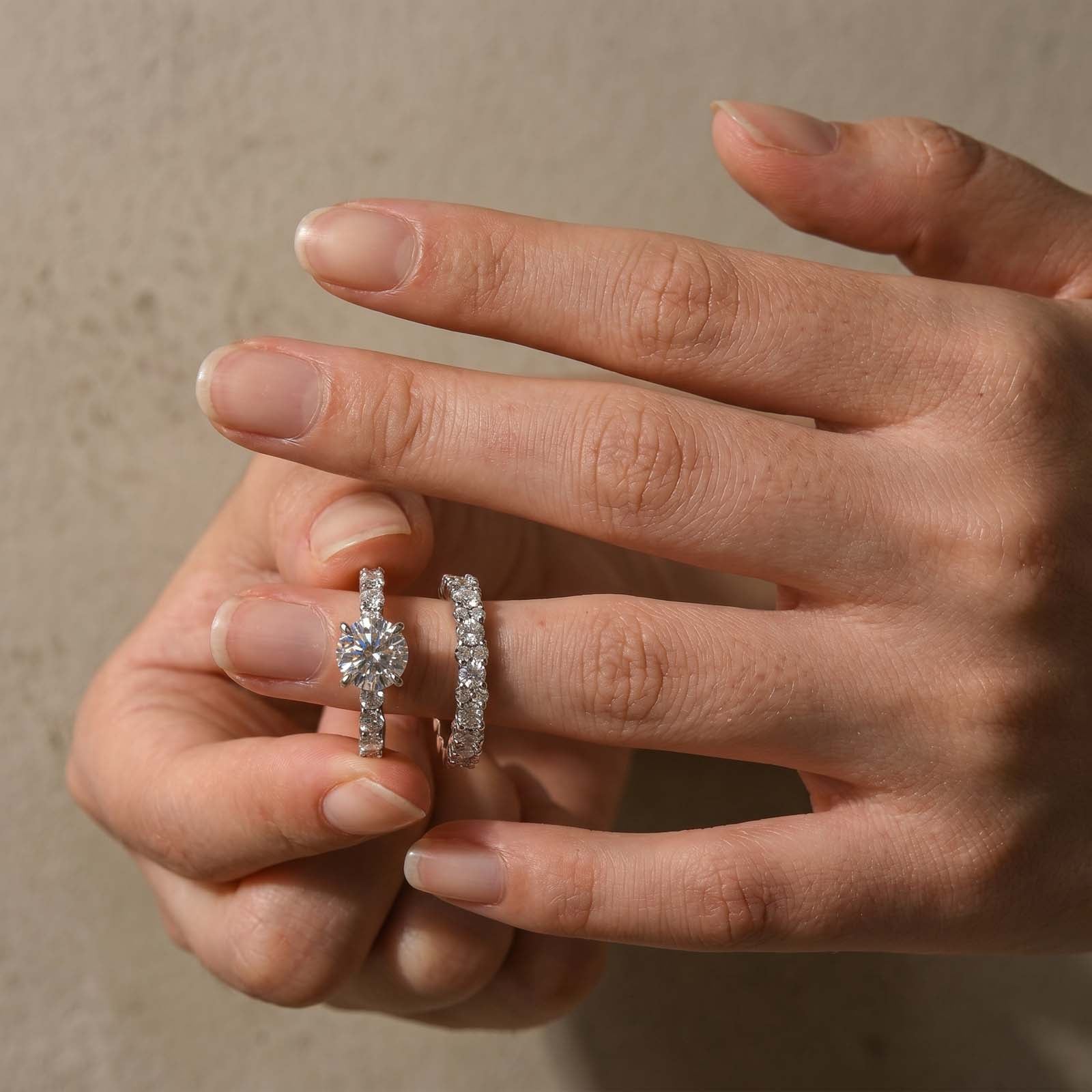 S925 2.0CT Round Cut Moissanite 2PC Brival Ring Set Solitaire Promise Ring & Pavé Eternity Band