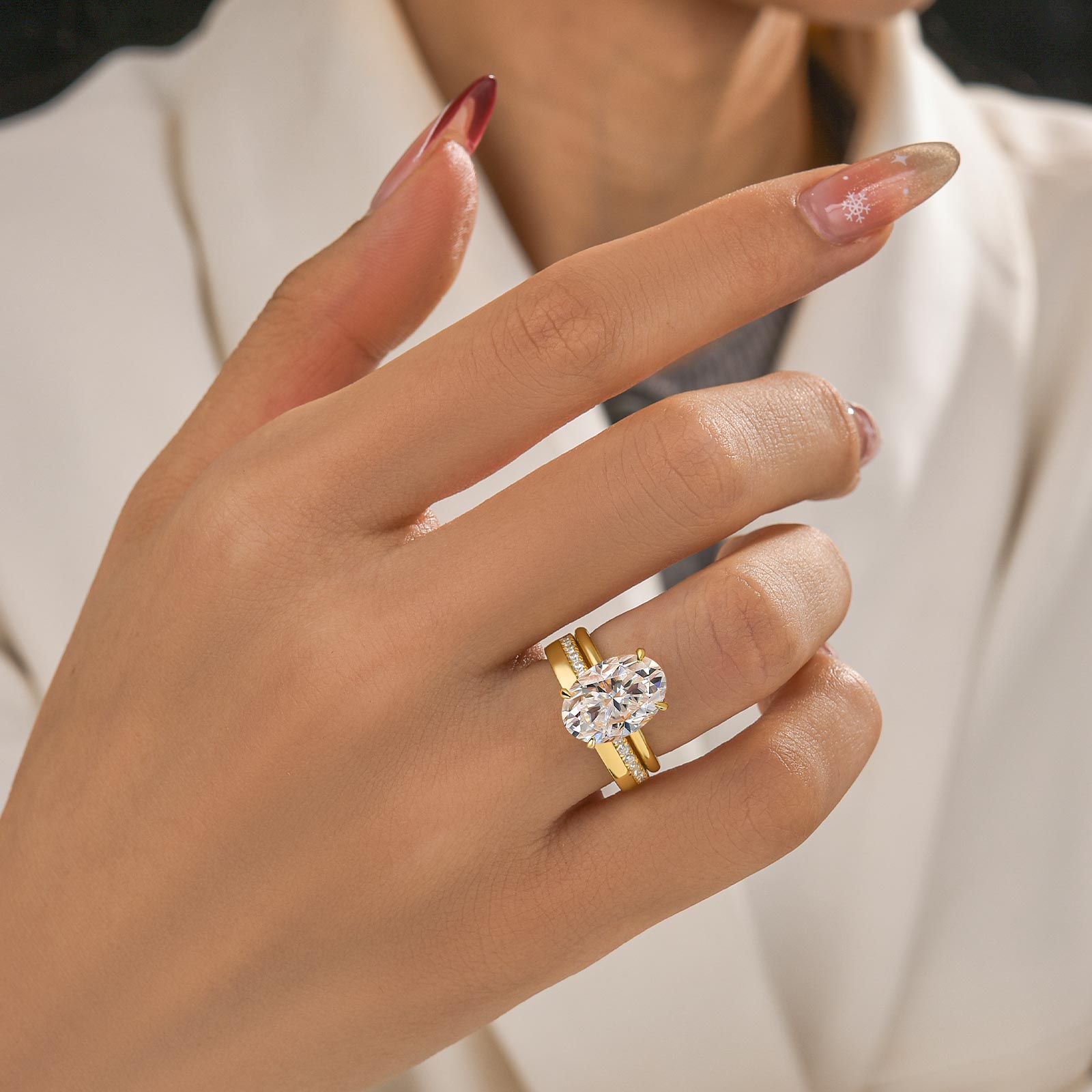 Moissanite 2PC 5.5Ct Oval Cut Hidden Halo Engagement Ring With Round Cut Wedding Band Wedding Ring Set