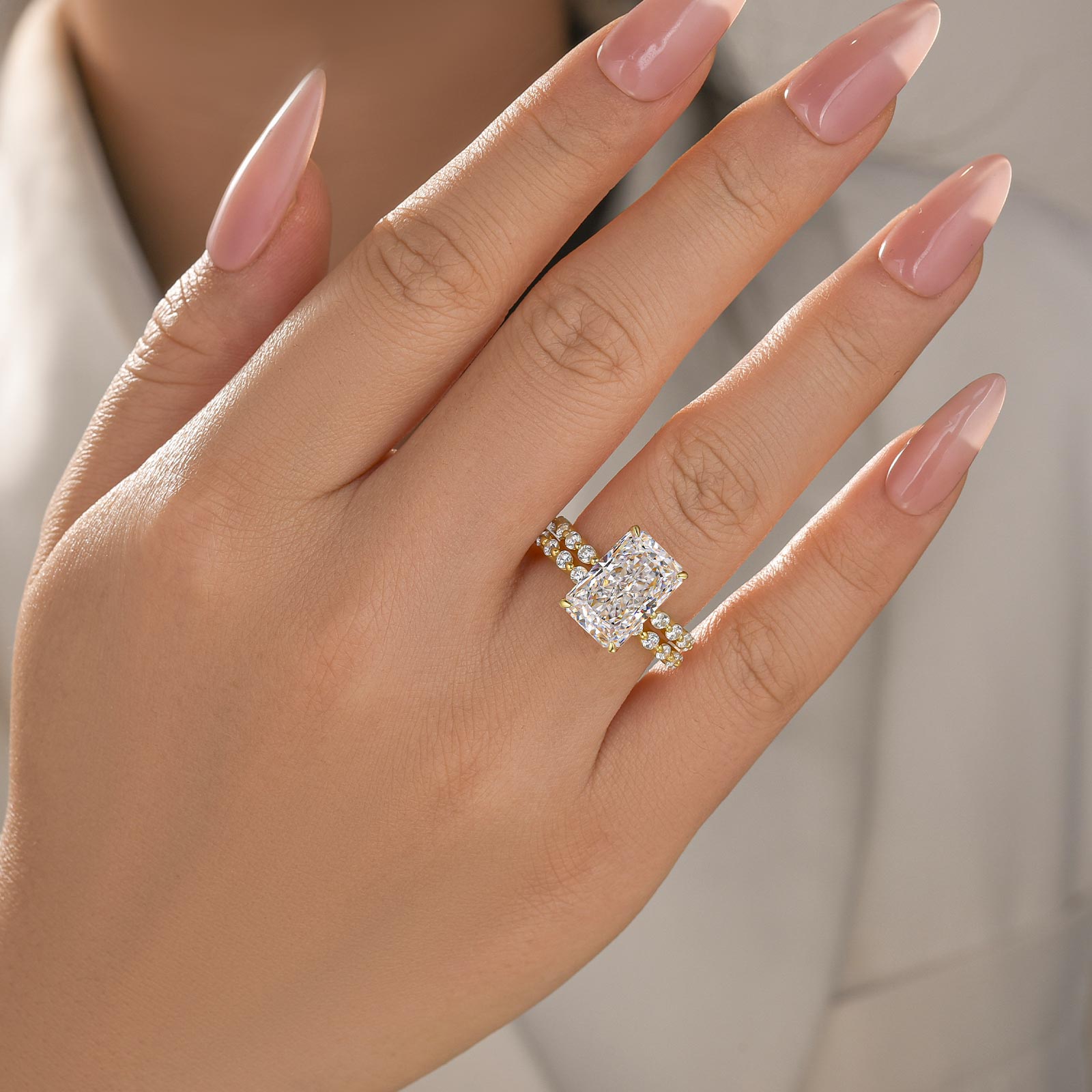 S925 2PC 5.0Ct Side Stone Radiant Cut Yellow Gold Engagement Ring with Round Cut Wedding Band - louilyjewelry