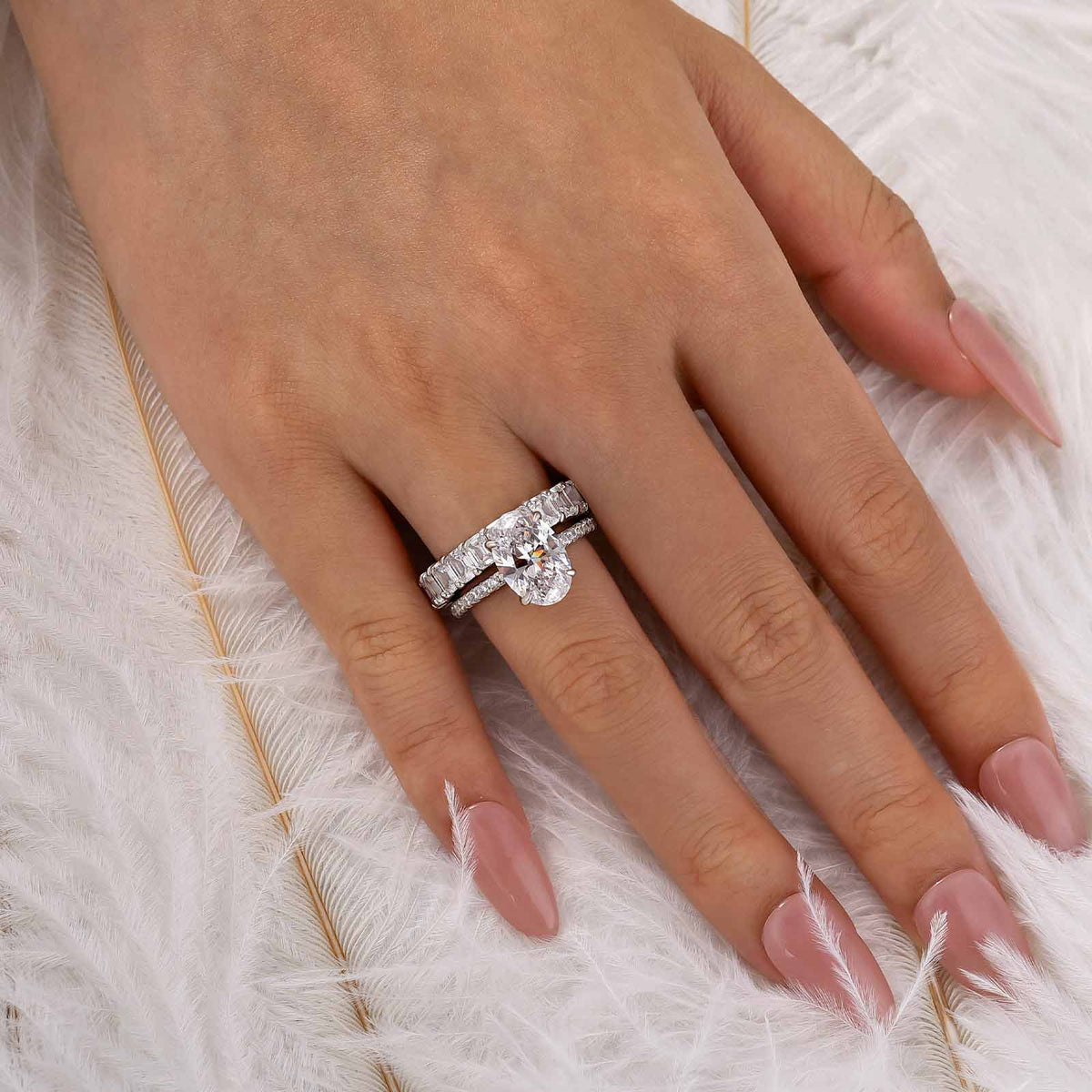 S925 2PC Hidden Halo 4.0Ct Oval Cut Ring & 3.5Ct Emerald Cut Band Stackable Statement Ring Sets