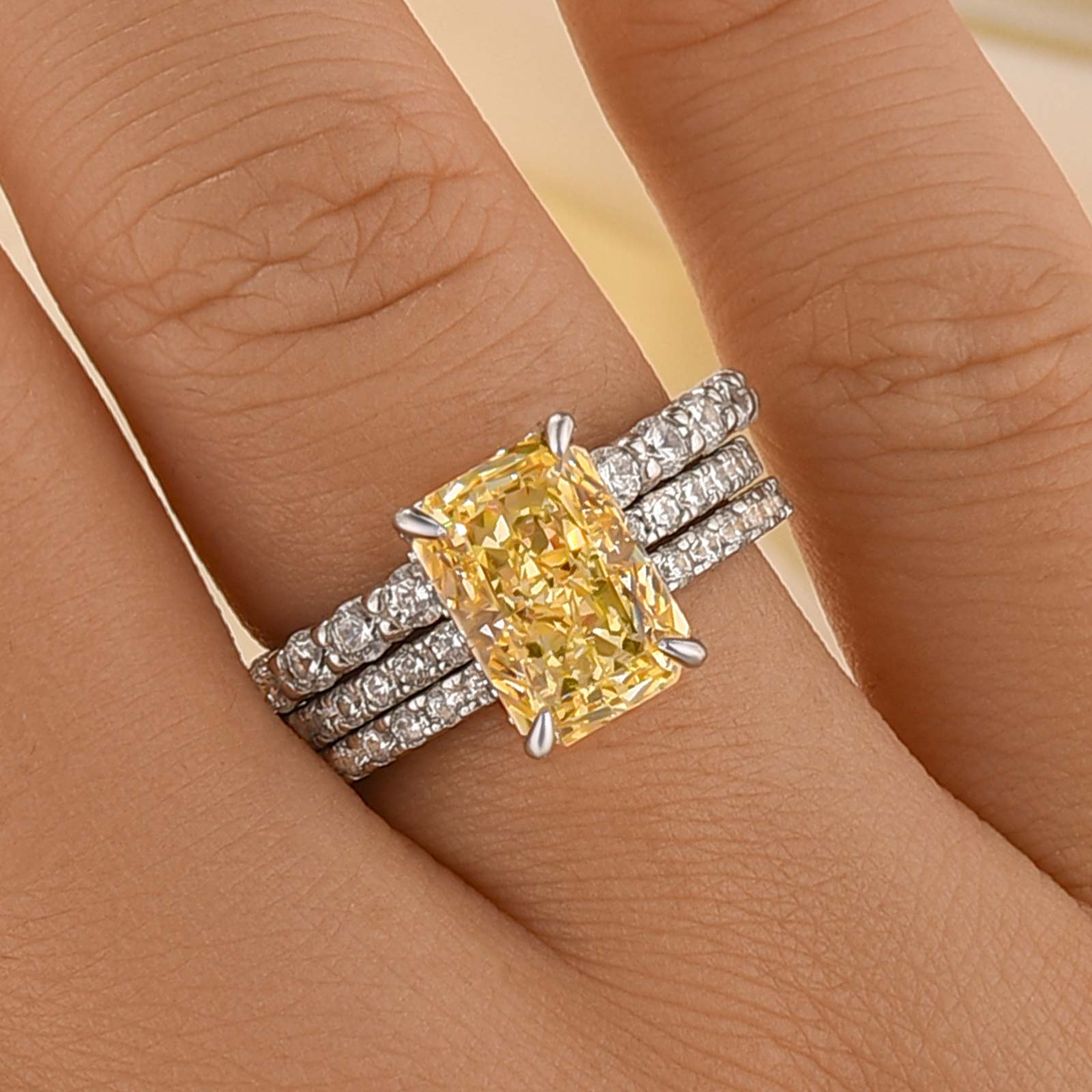3PC Wedding Ring Set 3.5 Carat Yellow Sapphire Radiant Cut Engagement Ring With Wedding Band In Sterling Silver