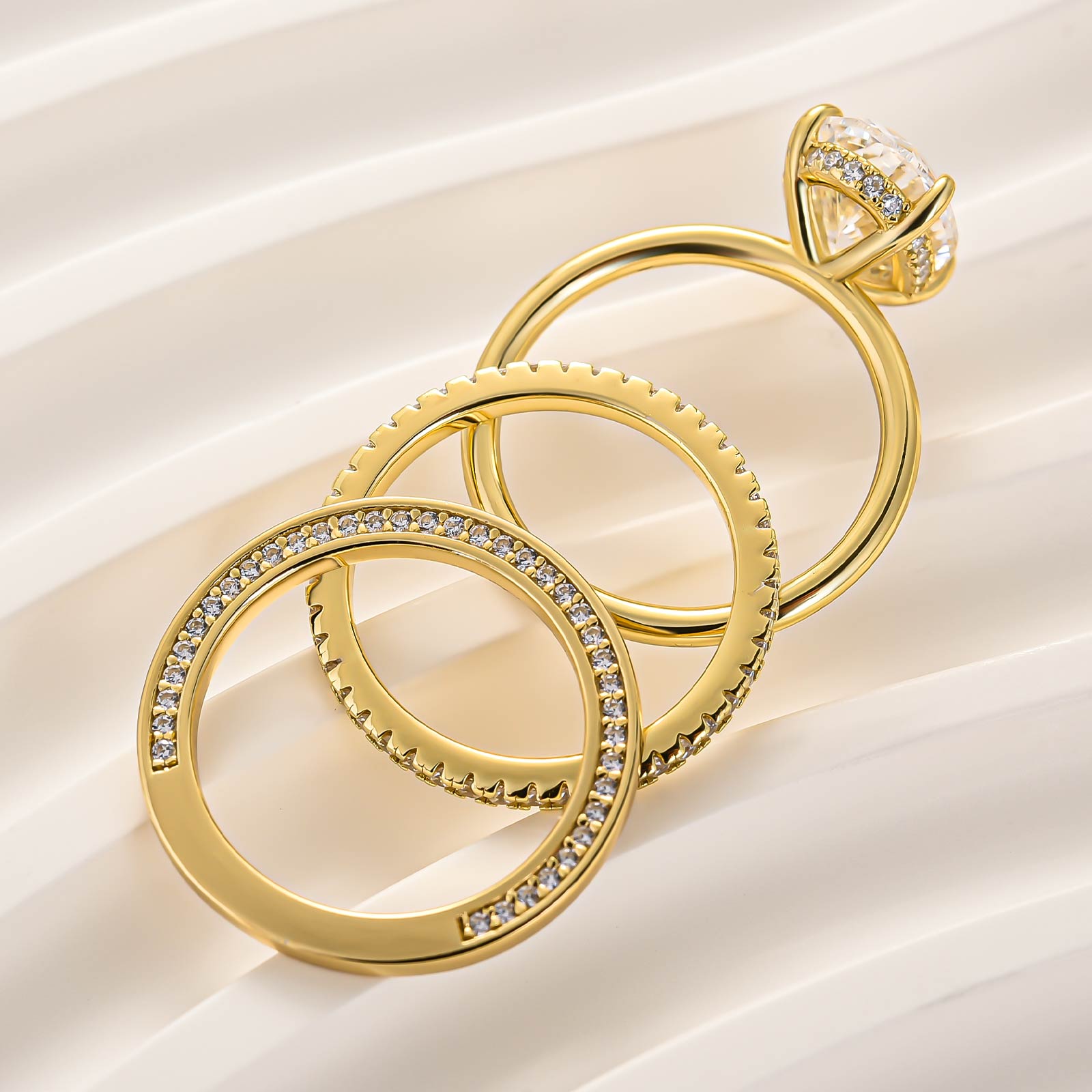 3PC Wedding Sets 4.0Ct Solitaire Oval Cut Hidden Halo Engagement Ring with 2PC Yellow Gold Wedding Bands