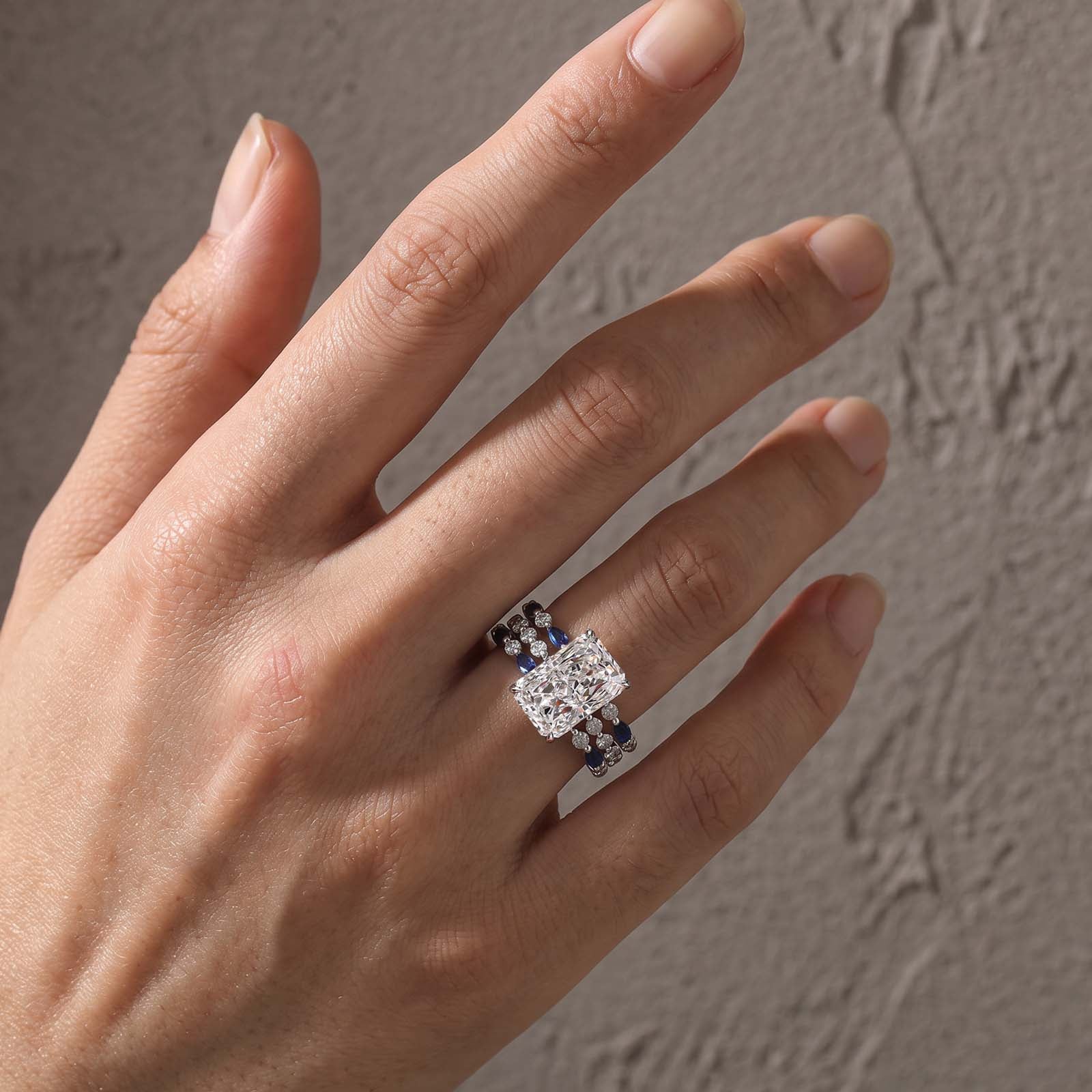 S925 Elegant 5.0Ct Radiant Cut Hidden Halo Stckable Enhancer Ring Sets in Sterling Silver