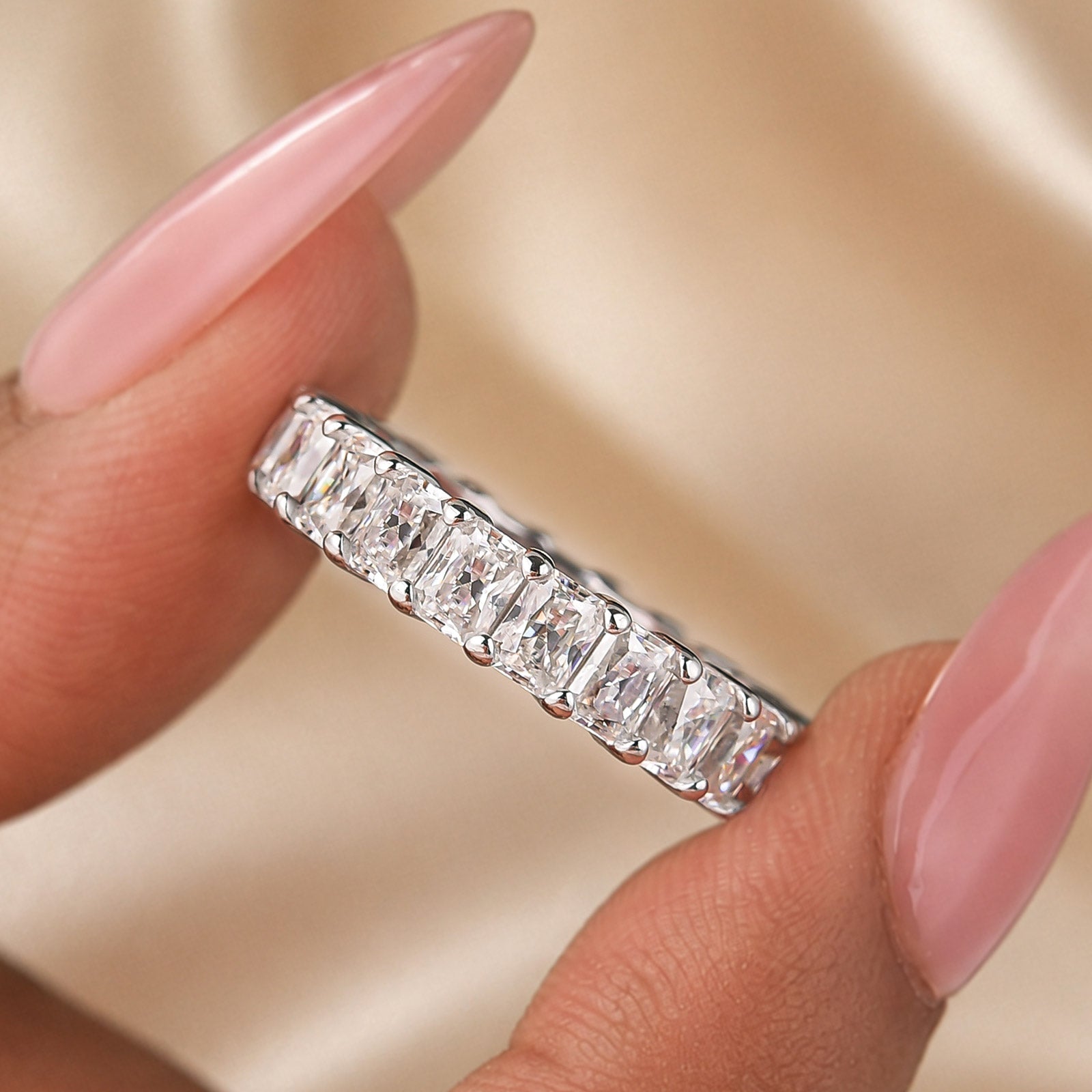S925 Moissanite 3.5Ct Radiant Cut Full Channel Eternity Wedding Band Stackable Bridal Ring