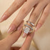 Elongated cushion engagement ring with two bands