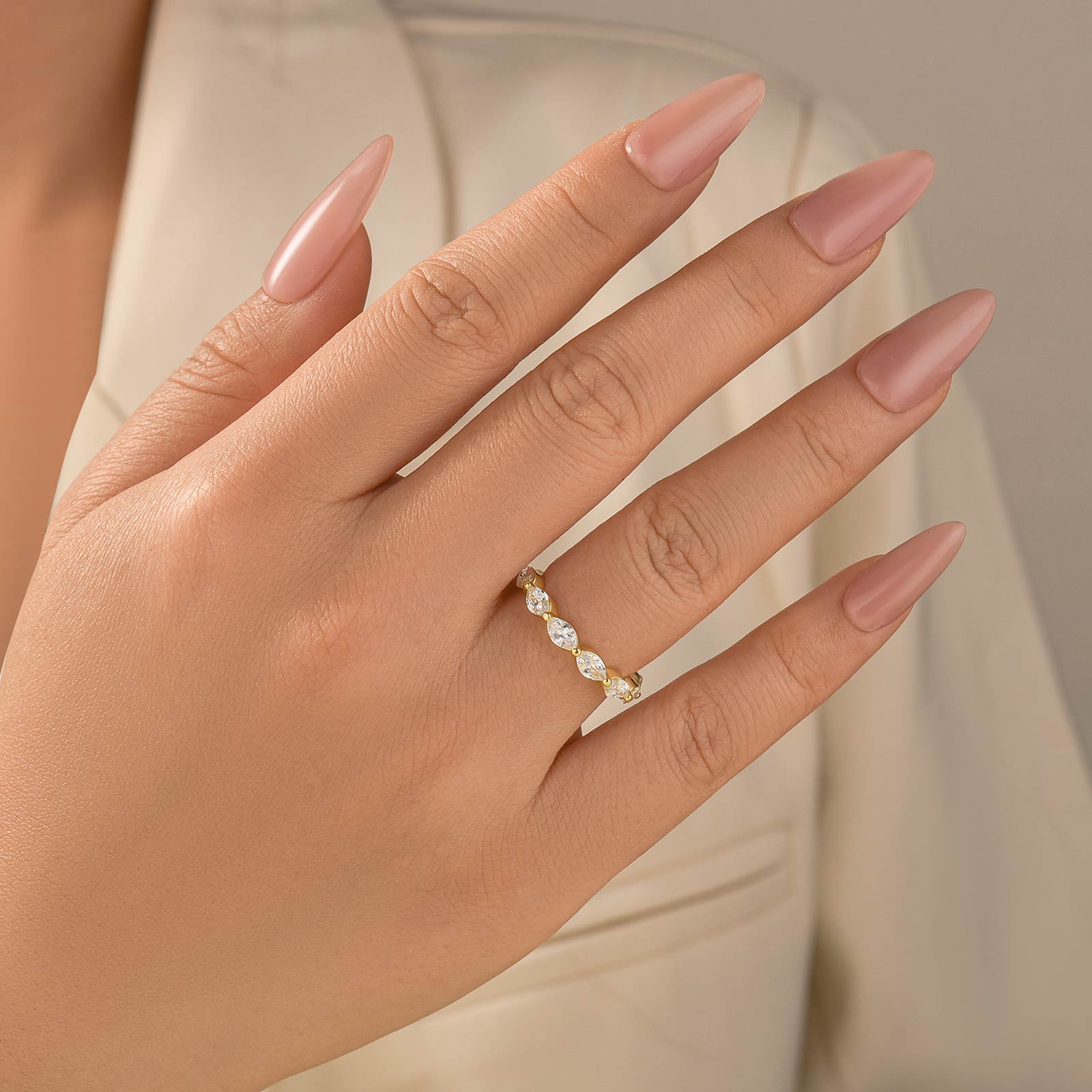 Elegant Marquise Cut Half Wedding Band In Sterling Silver - louilyjewelry