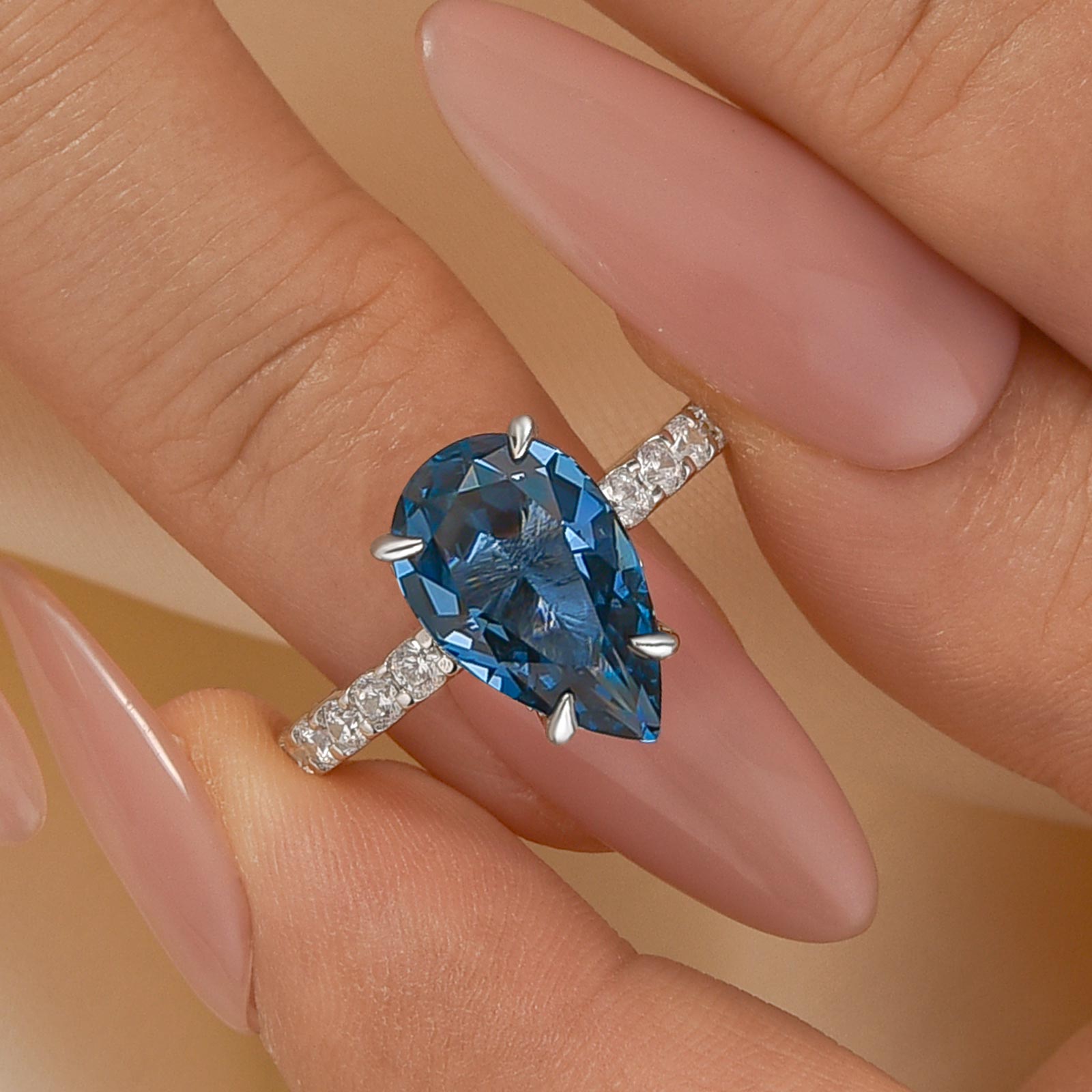 Louily Unique 3.0 Carat Pear Cut Blue Sapphire Engagement Ring In Sterling Silver
