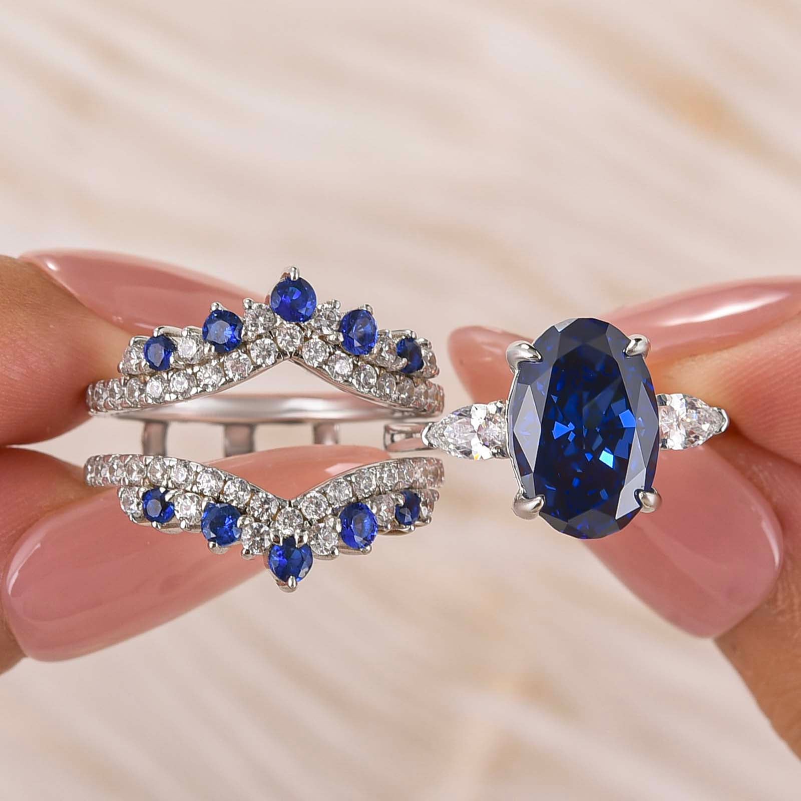 S925 4.0Ct Oval Cut Vintage Three Stone Blue & White Stone Engagement Ring & Pavé Full Eternity Band Enhancer Bridal Sets