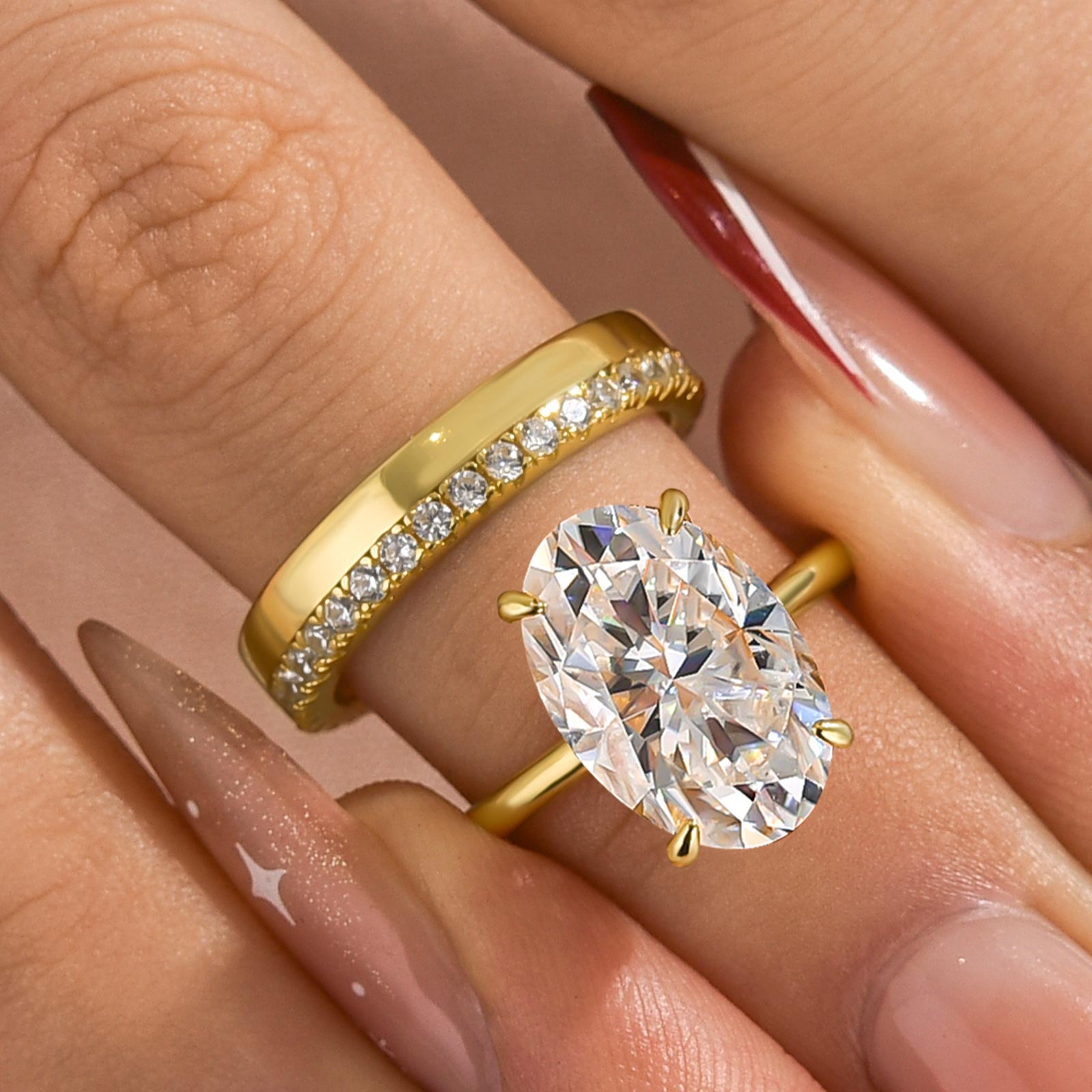 Moissanite 2PC 5.5Ct Oval Cut Hidden Halo Engagement Ring With Round Cut Wedding Band Wedding Ring Set