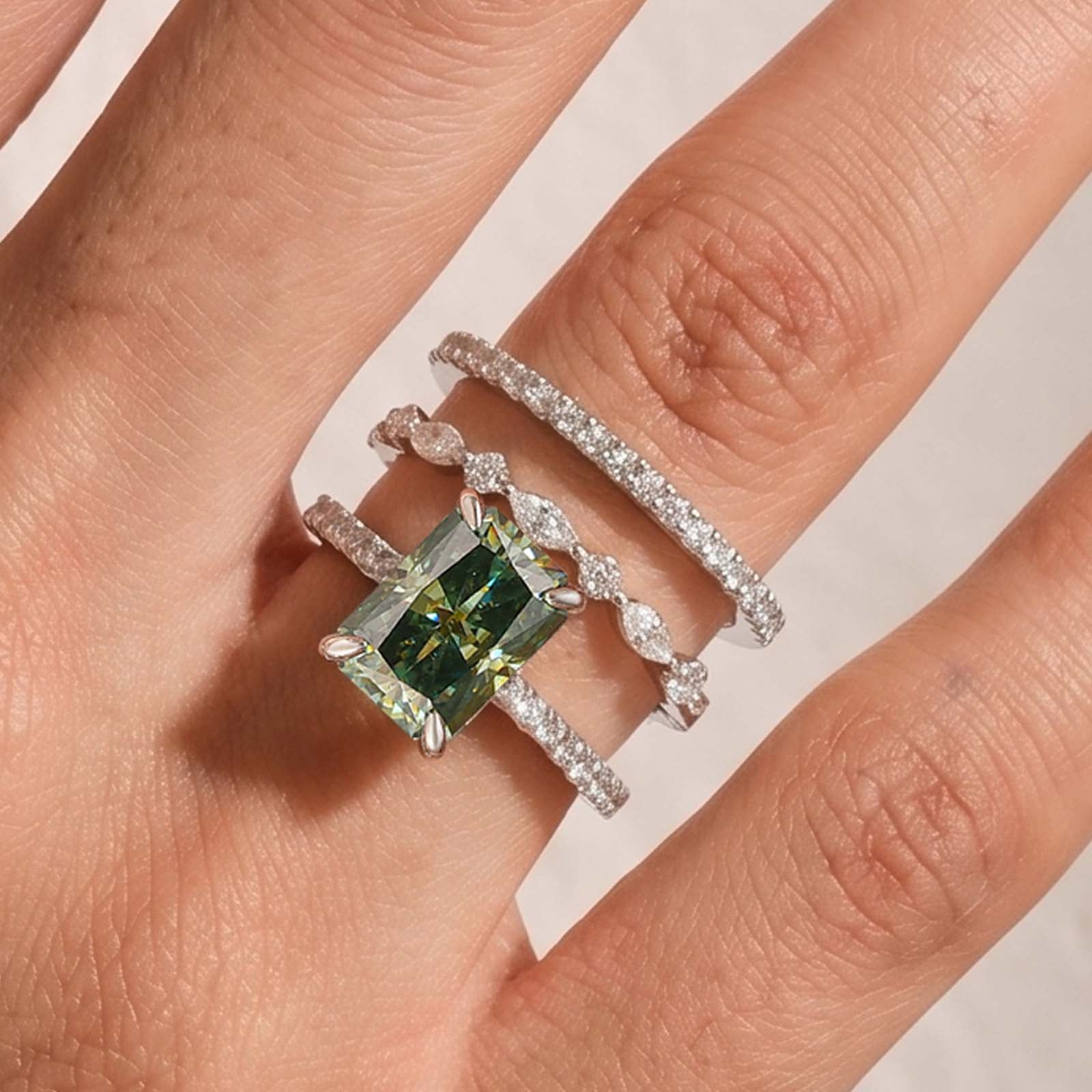 S925 Moissanite 3.5CT Radiant Cut Green Engagement Ring with Round & Marquise Accents Bands