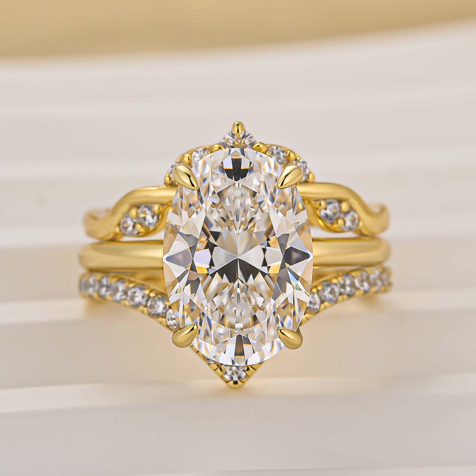 3PC Wedding Set Oval Cut Hidden Halo Solitaire Engagement Ring with 2PC Design Wedding Band