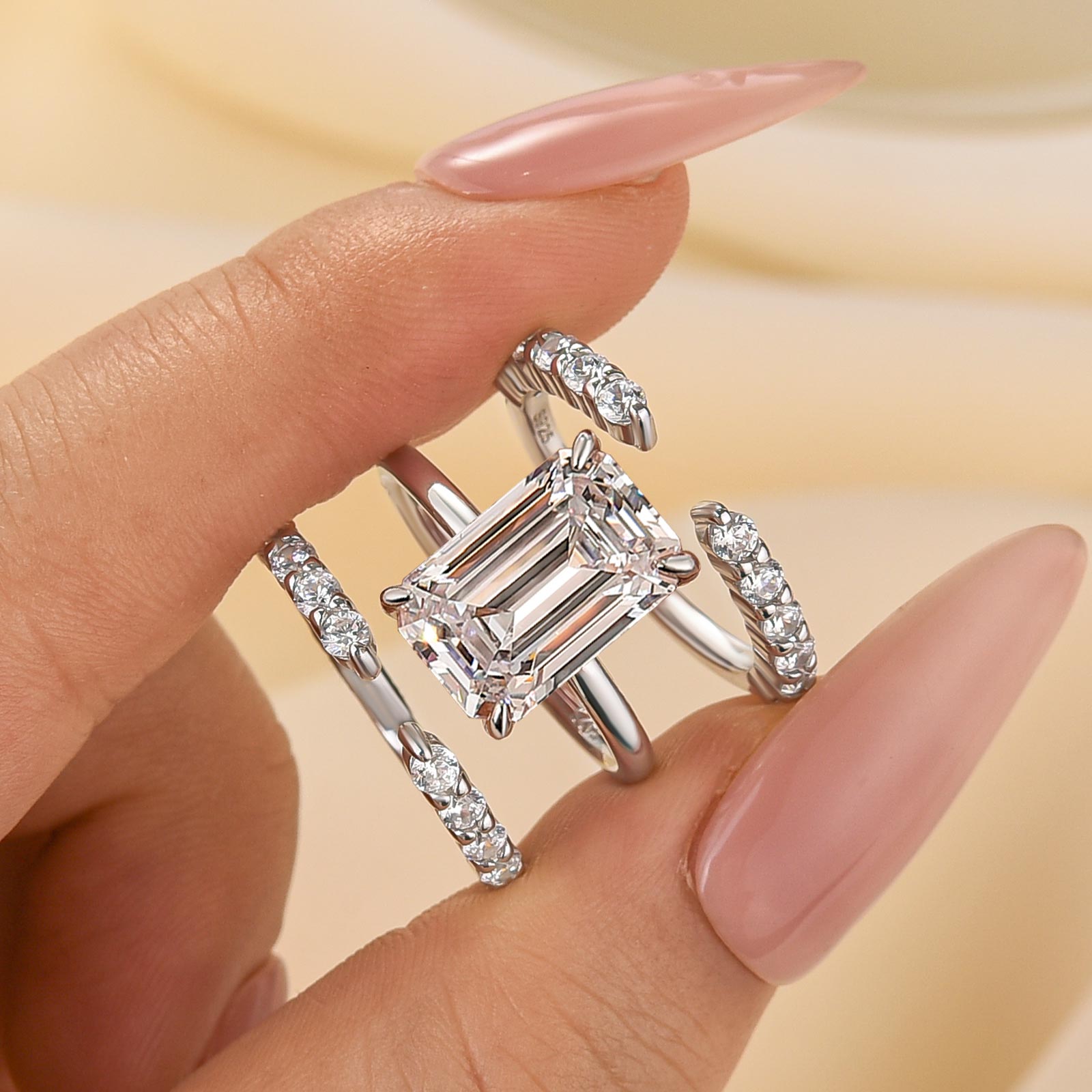 3PC 5.0Ct Emerald Cut Wedding Ring Set With Two Open Wedding Bands