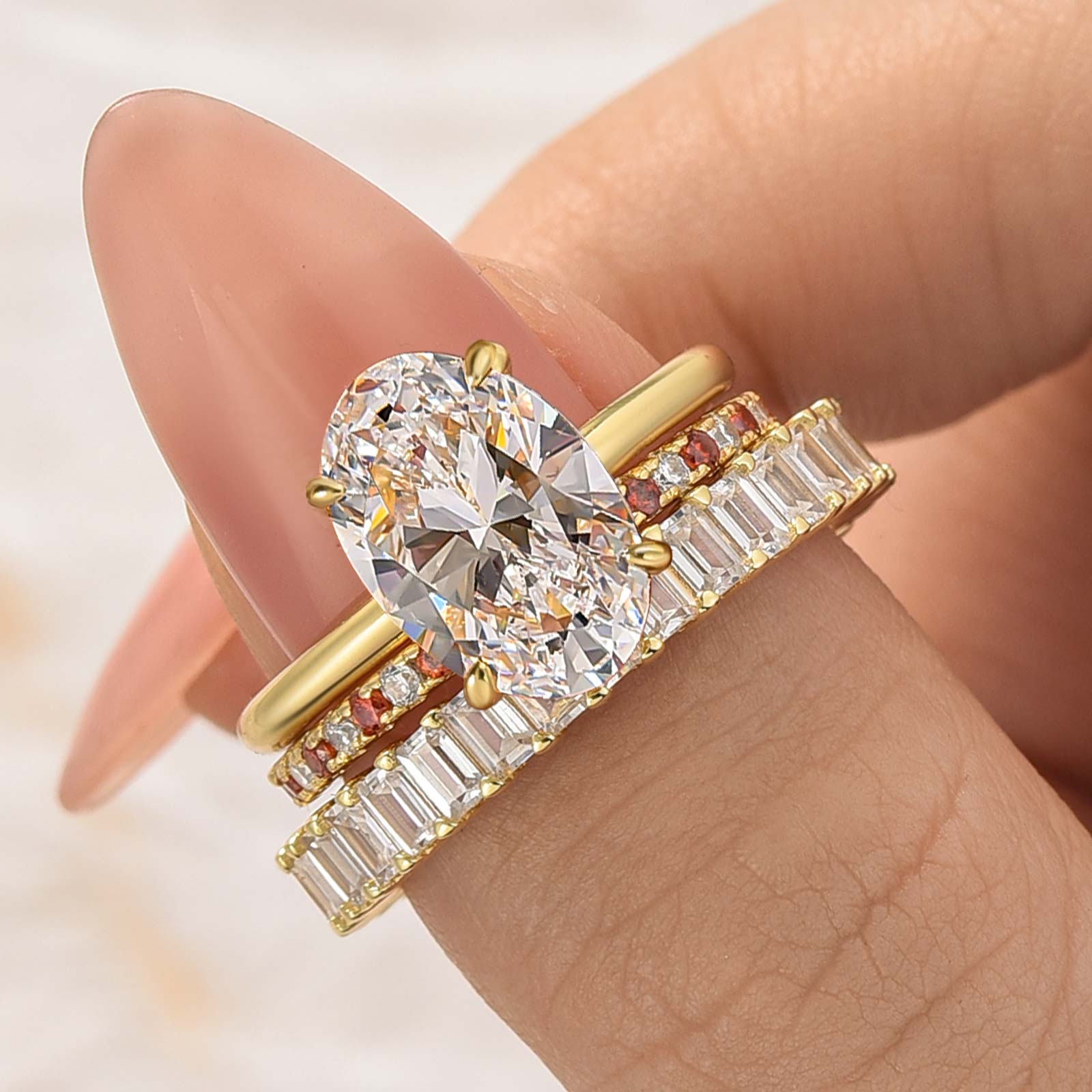 S925 4PC 4.0Ct Oval Cut Yellow Gold Engagement Ring Set with Red&White Color Stone Round Cut Band - louilyjewelry