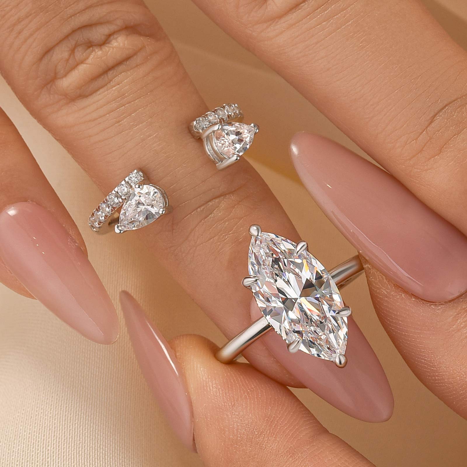 2PC 4.0Ct Marquise Cut Hidden Halo Engagement Ring With Pear Cut Open Wedding Band