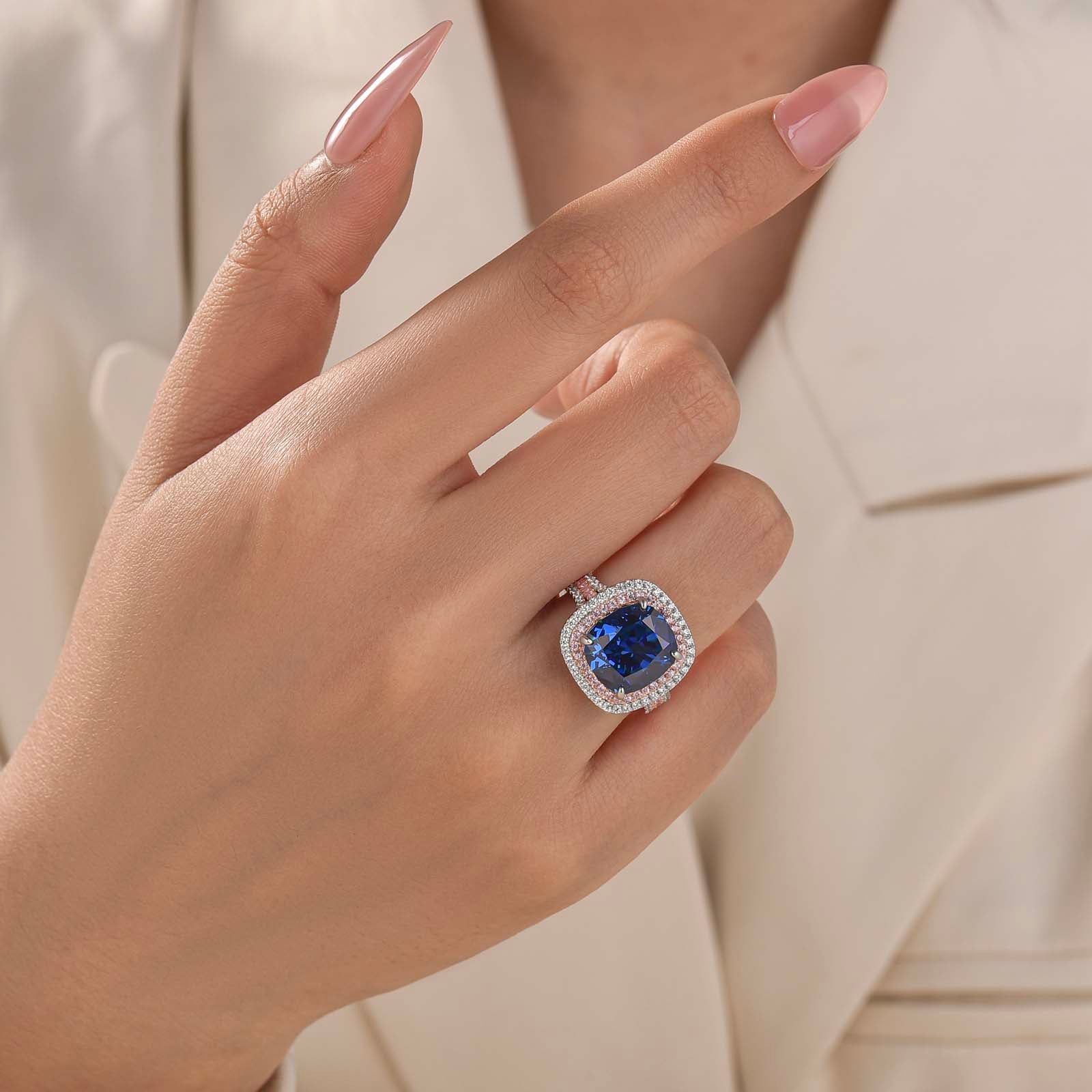 S925 Double Halo 6.0Ct Cushion Cut Three Shank Vintage Aquamarine Blue&Purple Engagement Ring