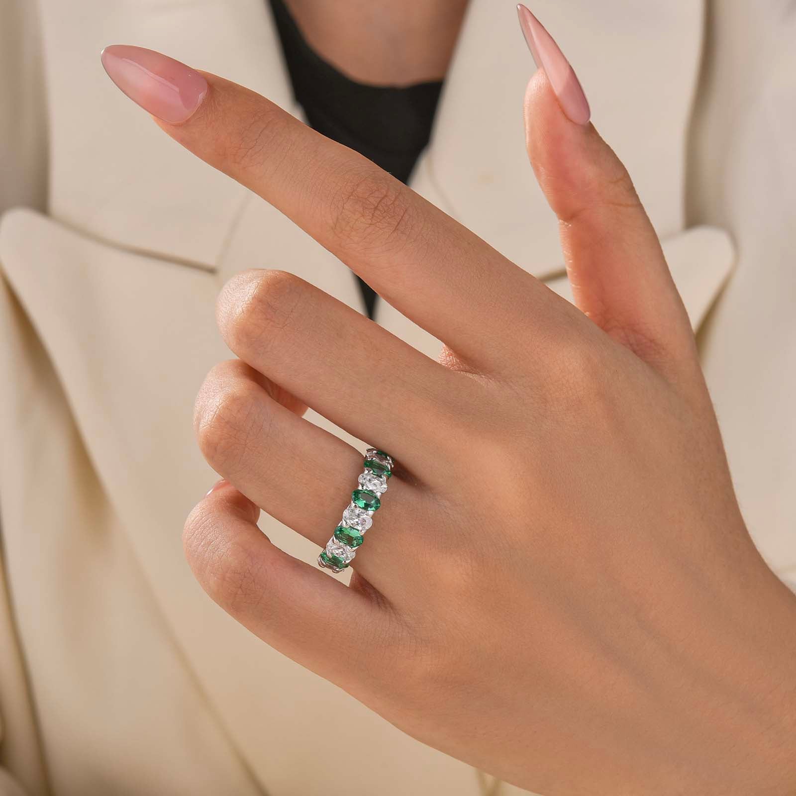 S925 Half Eternity 3.0Ct Green & White Oval Cut Wedding Band In Sterling Silver