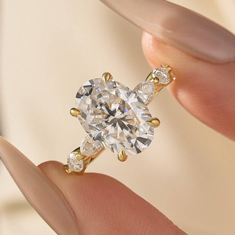 Moissanite 5.5Ct Oval Cut with 1.5Ct Side Stone Marquise Cut Engagement Ring in S925 Sterling Silver - louilyjewelry